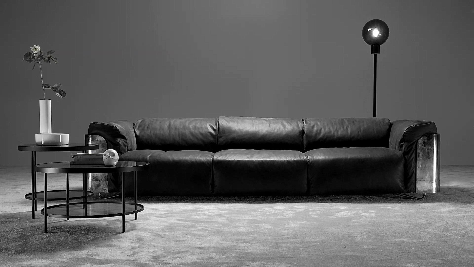 Saint-Germain 3-Sitzer-Sofa aus schwarzem Timeless-Leder und Raw Silver (21. Jahrhundert und zeitgenössisch) im Angebot