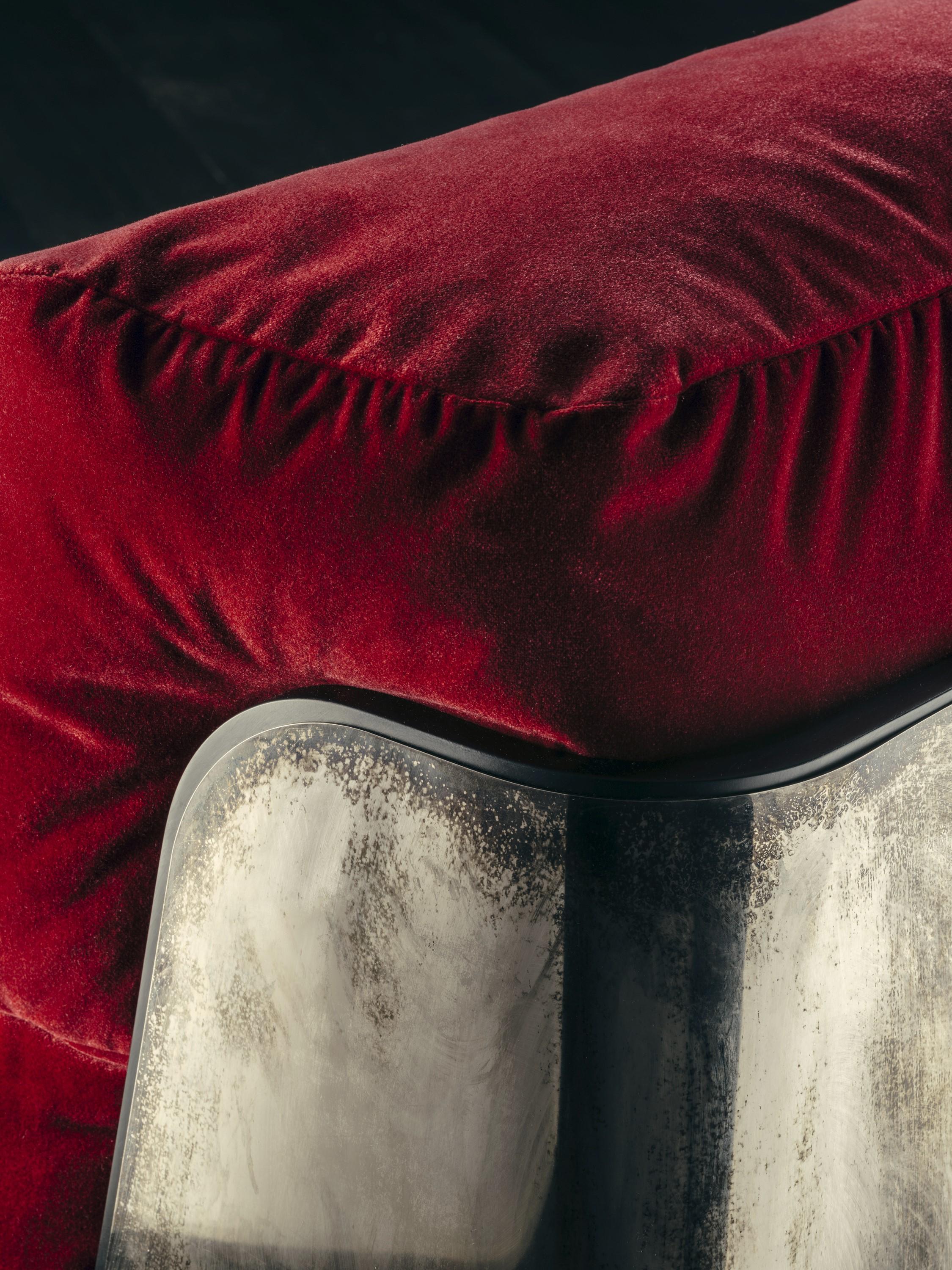 Galvanized Saint-Germain Armchair in Ruby Velvet and Antiqued Silver