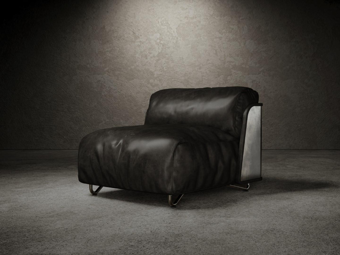 Der Sessel Saint-germain besteht aus einer mattschwarzen Holzplatte, die im äußeren Teil mit einer Metallbeschichtung versehen ist, mit einem optionalen gepolsterten Rand in der gleichen Polsterung wie die Sitzfläche. 
Die Sitz- und Rückenpolsterung