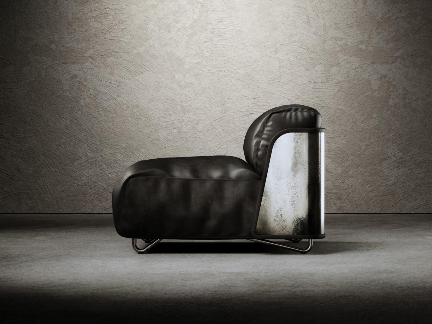 Modern Saint-German Armchair in Black Timeless Leather and Raw Silver For Sale