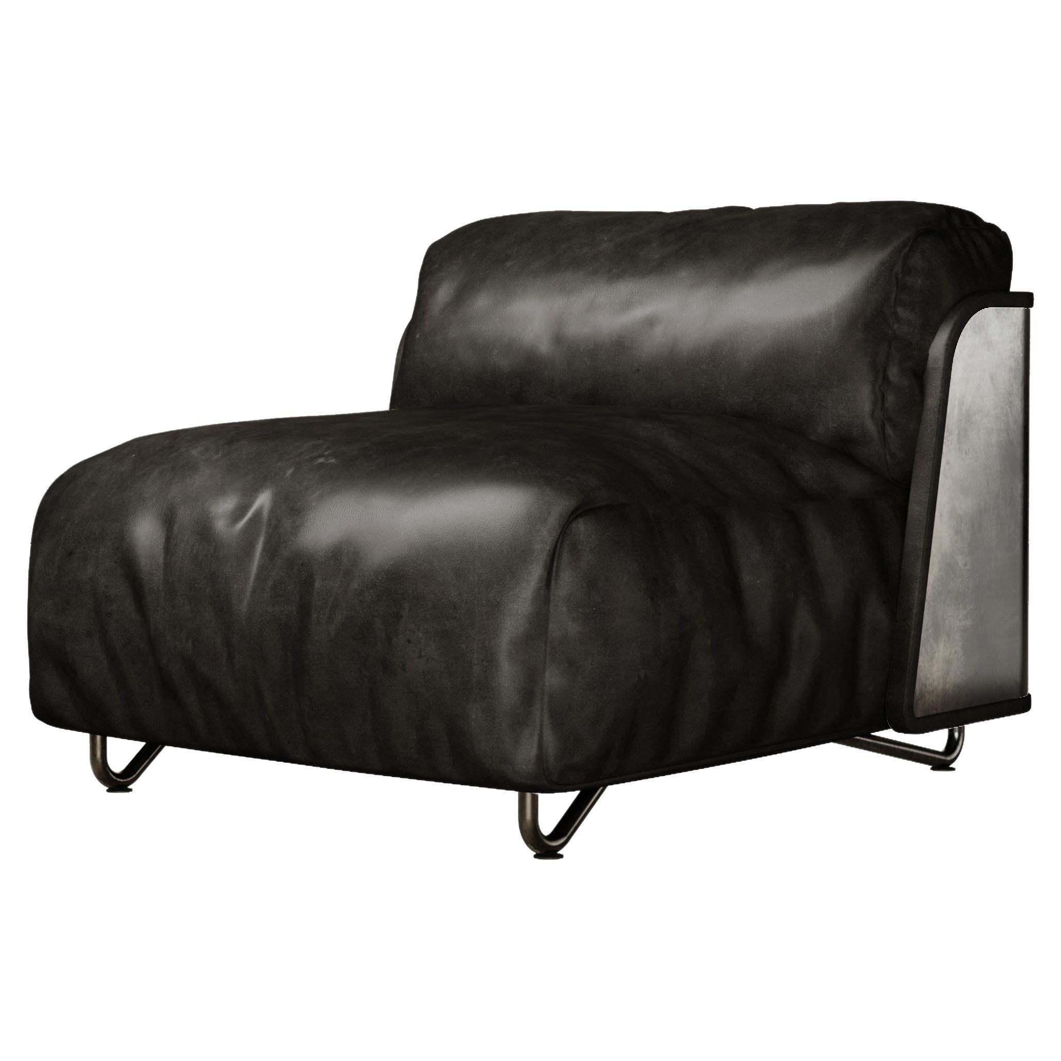 Saint-German Armchair in Black Timeless Leather and Raw Silver For Sale