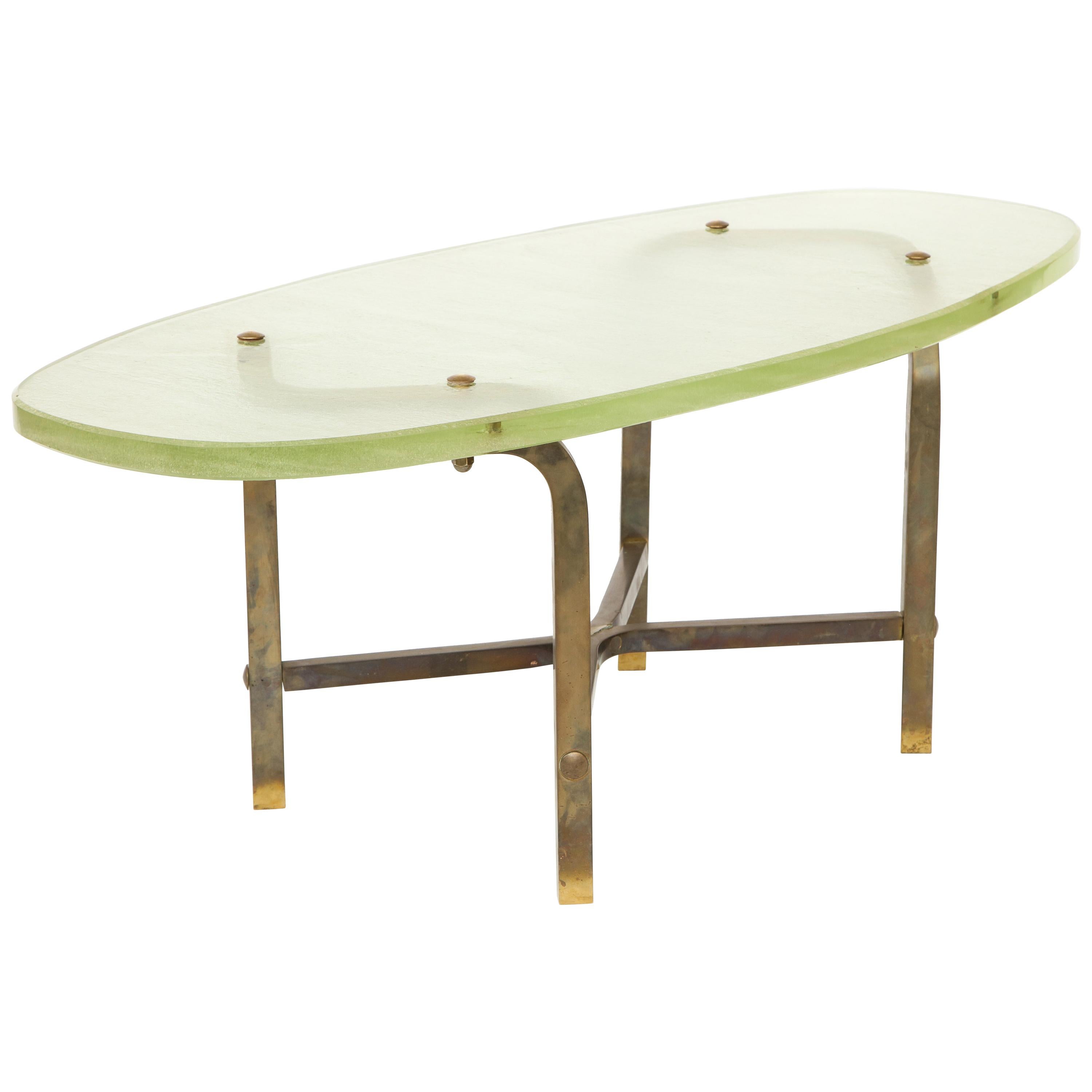 Saint-Gobain Glass and Bronze Elliptical Coffee Table