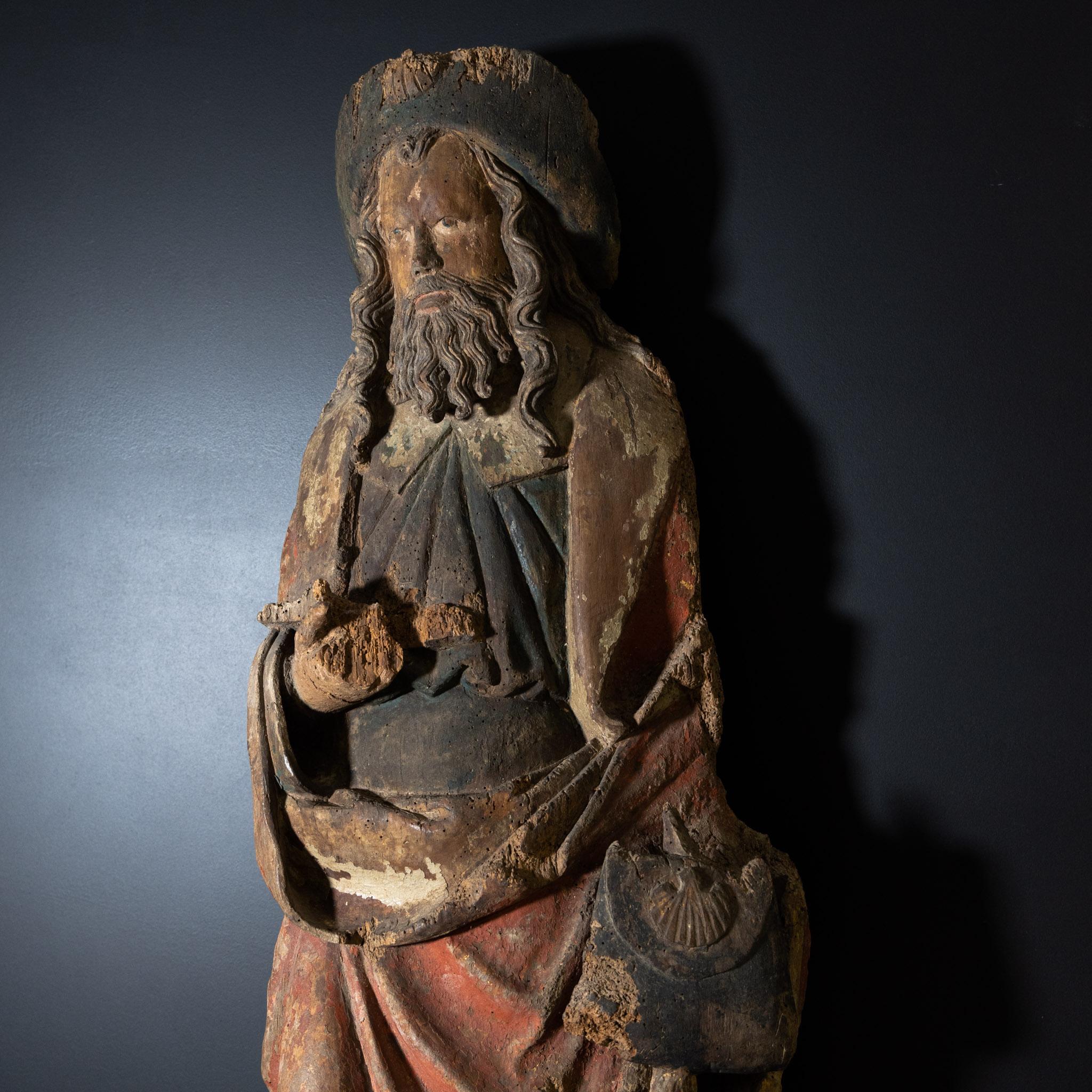 German Sculpture of Saint Jacob, carved and painted wood, 16th Century