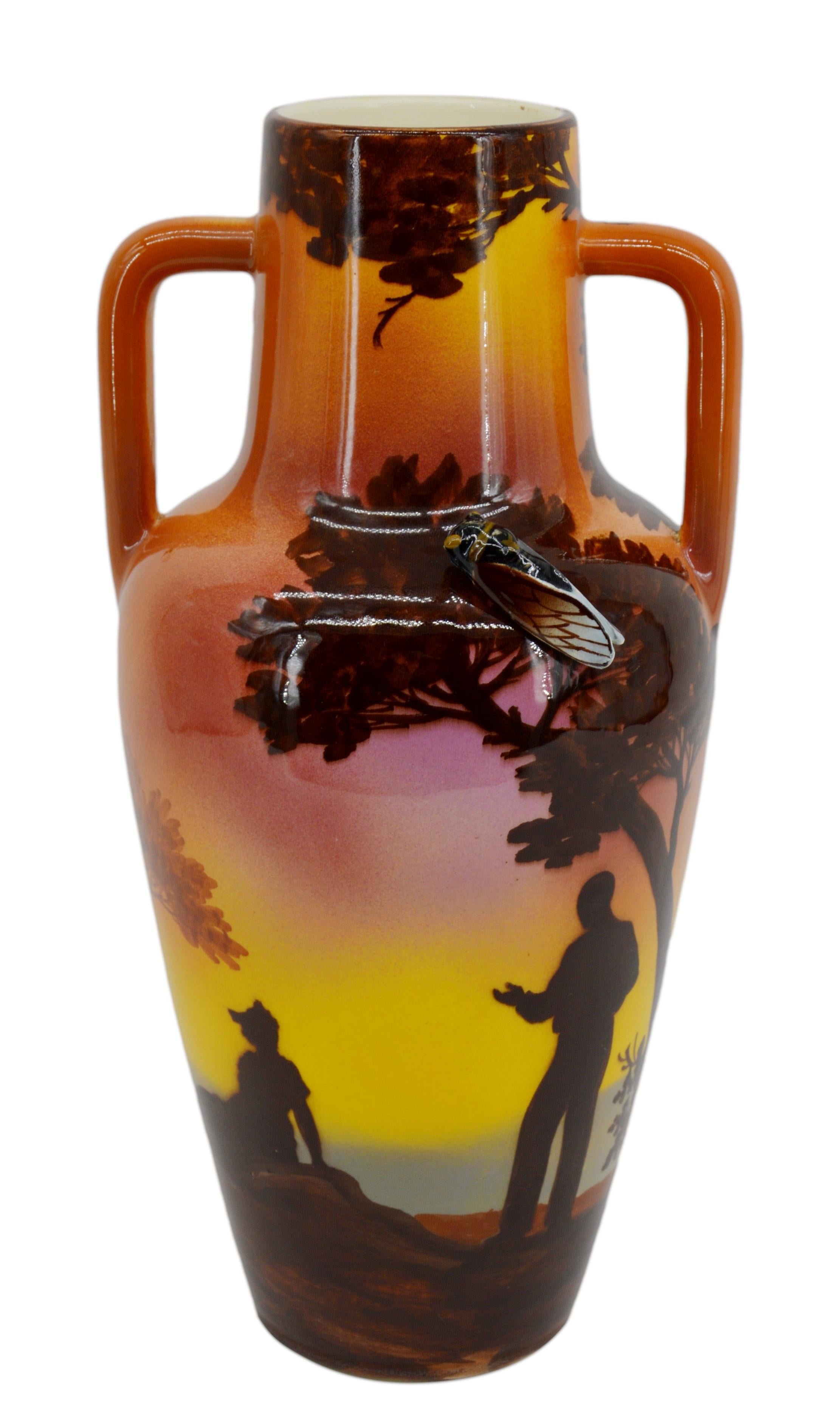 Ceramic  vase by SAINT-JEAN-DU-DESERT (Marseille), France, ca.1920. Baluster vase with 2 handles decorated with Vincent & Mireille pattern (novel by Frédéric Mistral). Height : 35cm (13.8