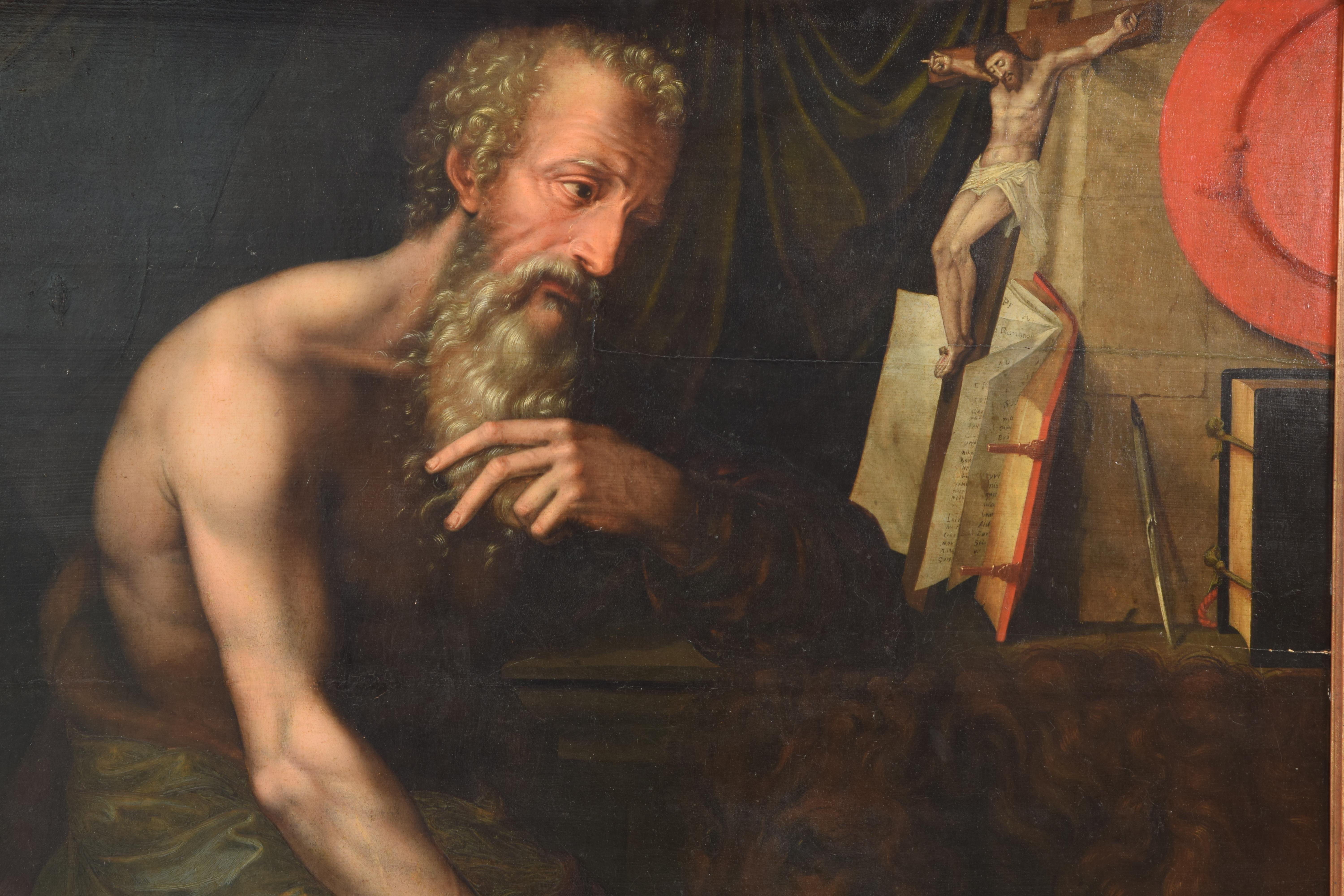 Saint Jerome. Oil on slatted panel. Surroundings of KEY, Willem. 16th century. For Sale 5