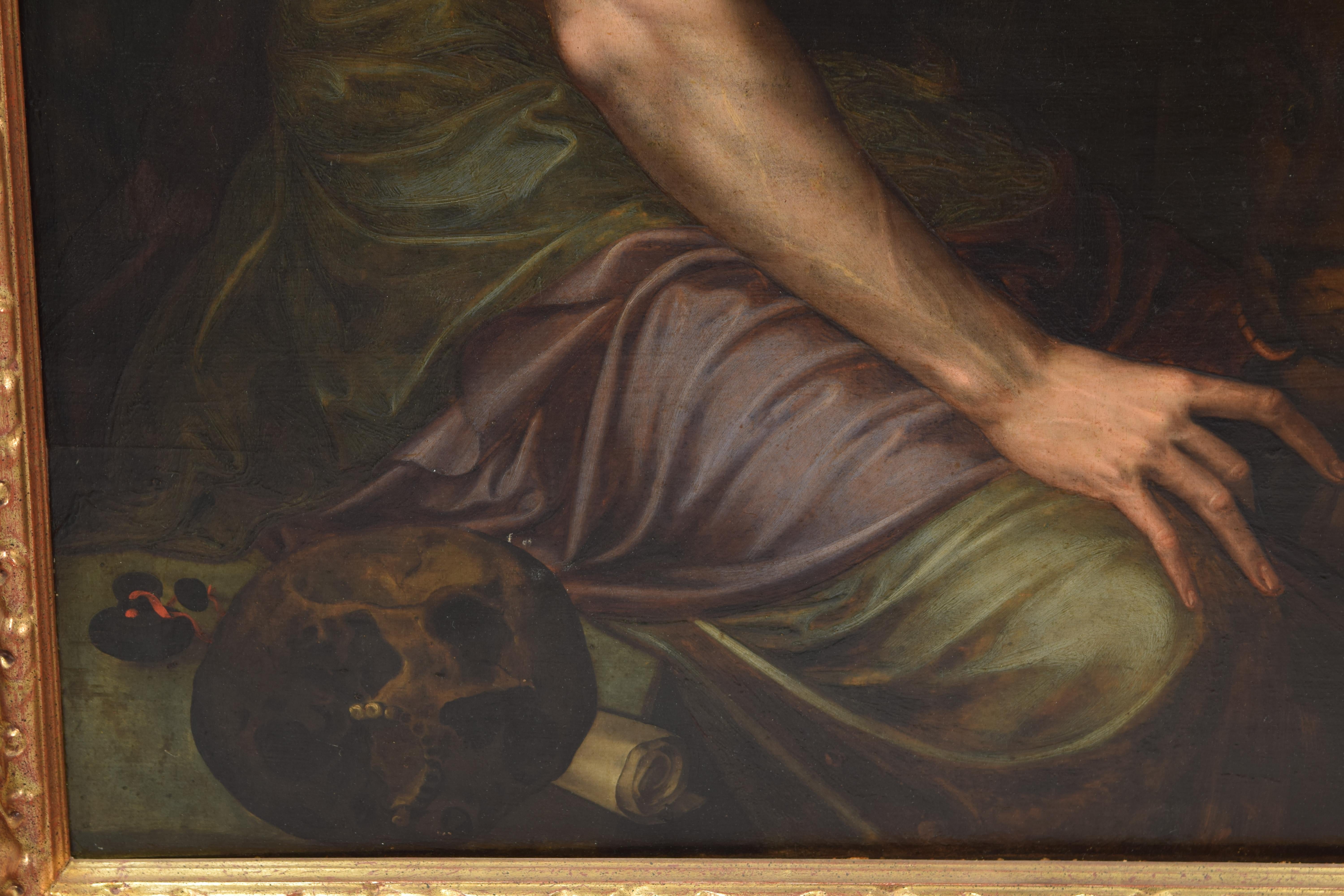 Saint Jerome. Oil on slatted panel. Surroundings of KEY, Willem. 16th century. 
With monogram (illegible) and dated (right ear of the saint). 
Oil on oak panel showing a thin, elderly male figure, dressed from the waist down in cloth, sitting on a