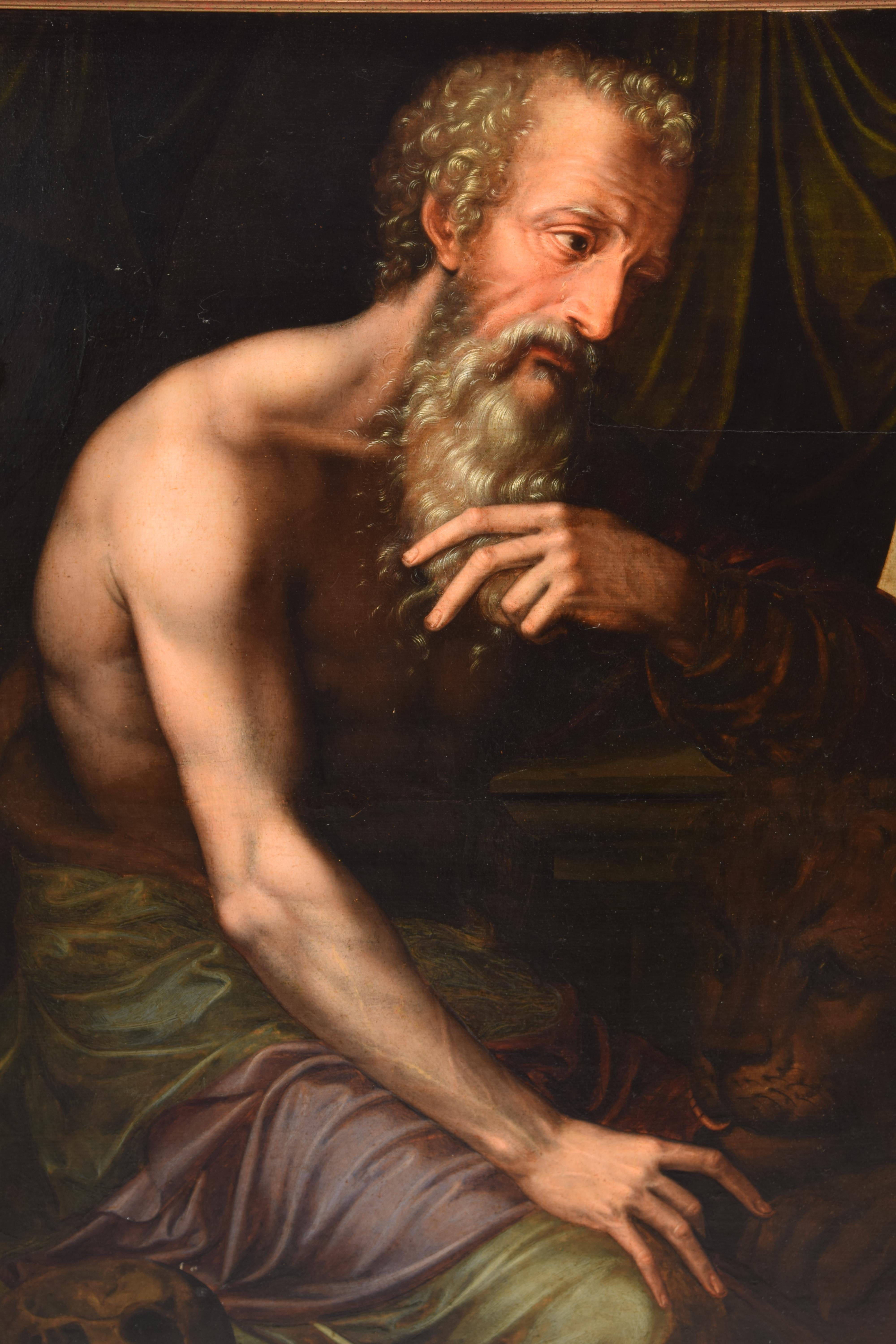 European Saint Jerome. Oil on slatted panel. Surroundings of KEY, Willem. 16th century. For Sale
