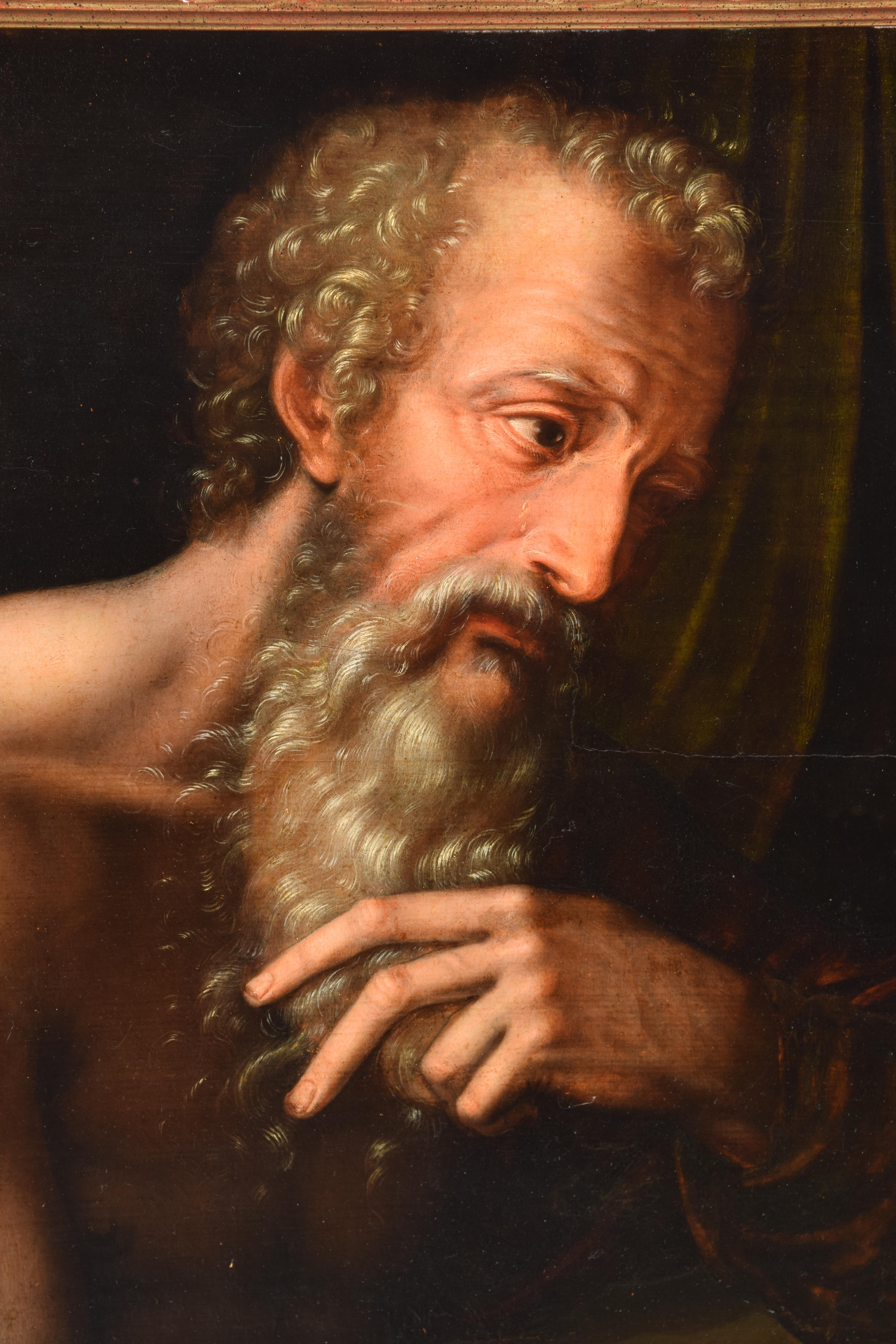 Saint Jerome. Oil on slatted panel. Surroundings of KEY, Willem. 16th century. In Good Condition For Sale In Madrid, ES