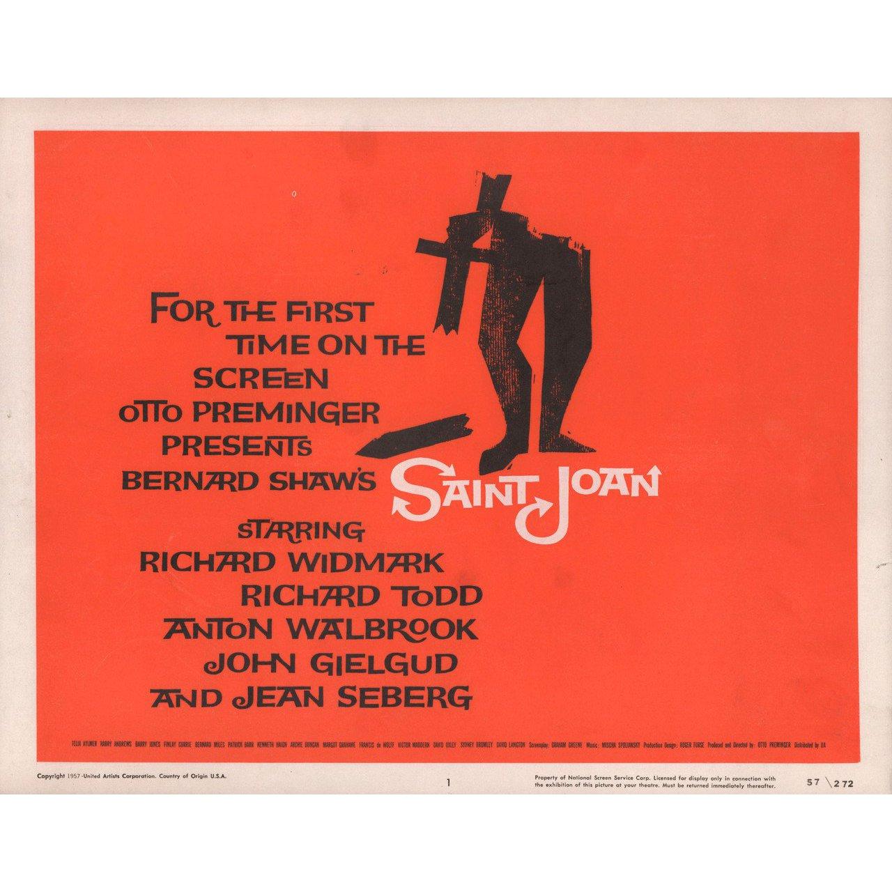 Original 1957 U.S. title card by Saul Bass for the film Saint Joan directed by Otto Preminger with Jean Seberg / Richard Widmark / Richard Todd / Anton Walbrook / John Gielgud. Very good-fine condition. Please note: the size is stated in inches and