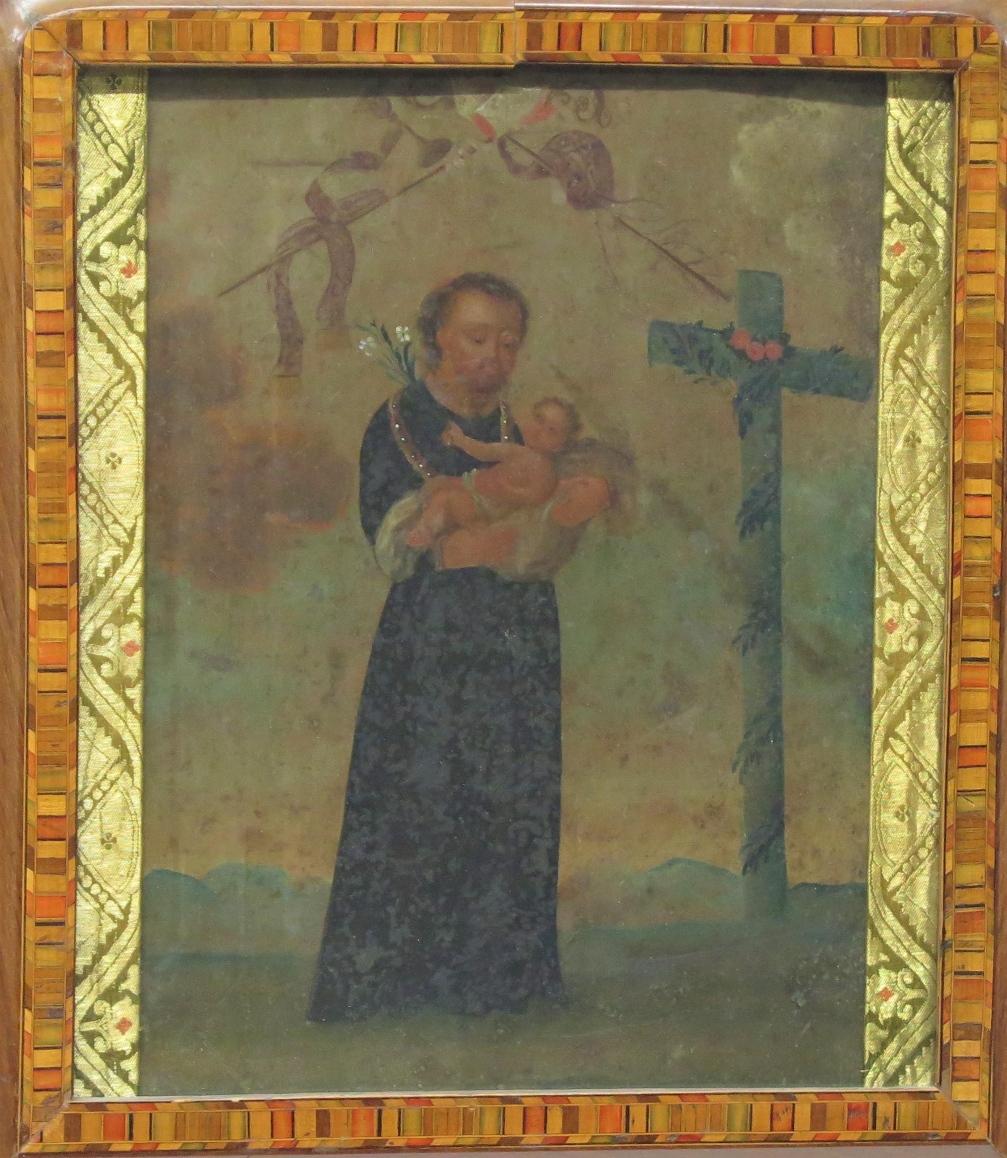 Marquetry San Cayetan (St. Cajetan) and the Christ Child / Spanish Colonial Retablo