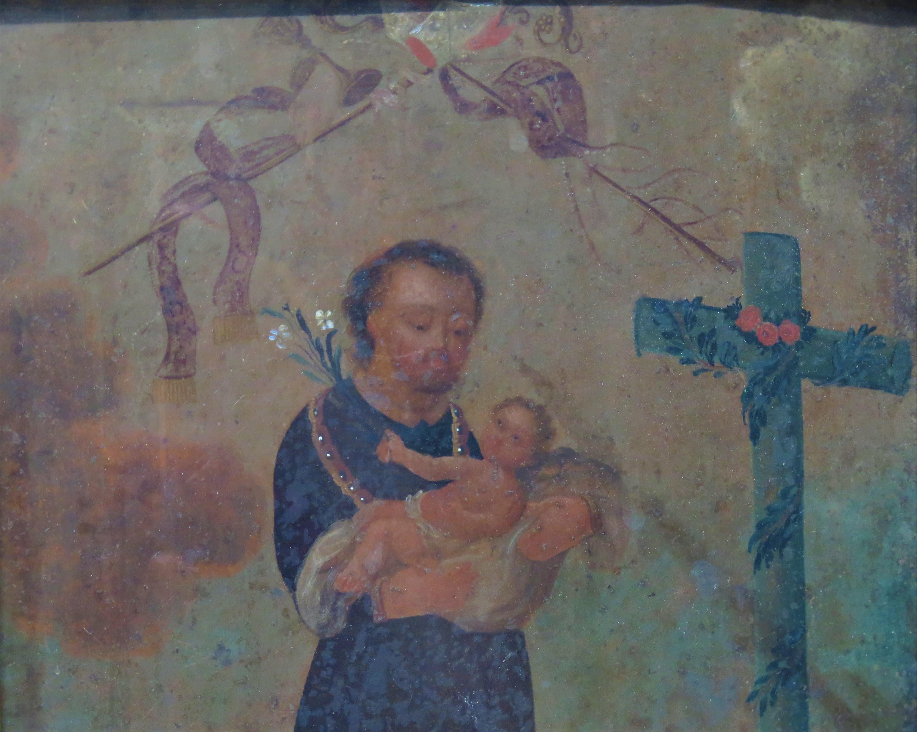 19th Century San Cayetan (St. Cajetan) and the Christ Child / Spanish Colonial Retablo
