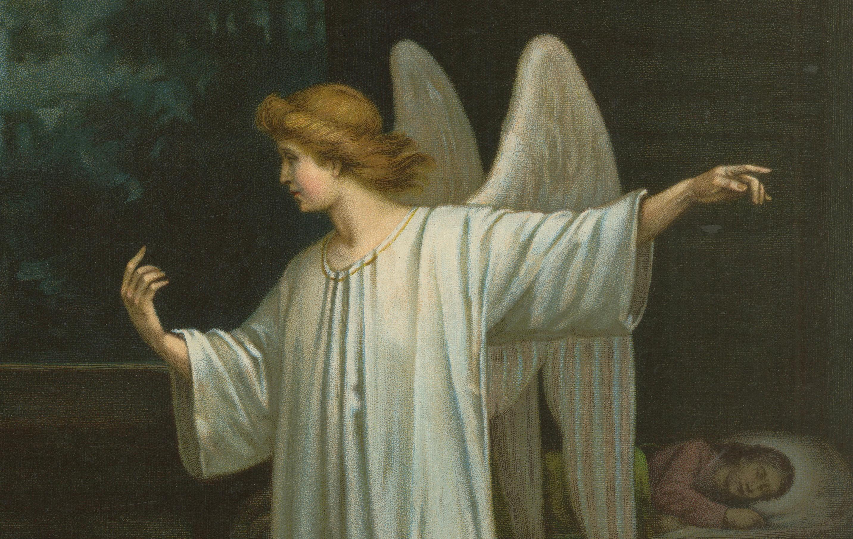 Der heilige Joseph, besucht von einem Engel, antike deutsche Chromolithographie um 1900

Diese symbolträchtige deutsche Chromolithografie aus dem späten 19. und frühen 20. Jahrhundert zeigt den kraftvollen biblischen Moment, in dem der heilige