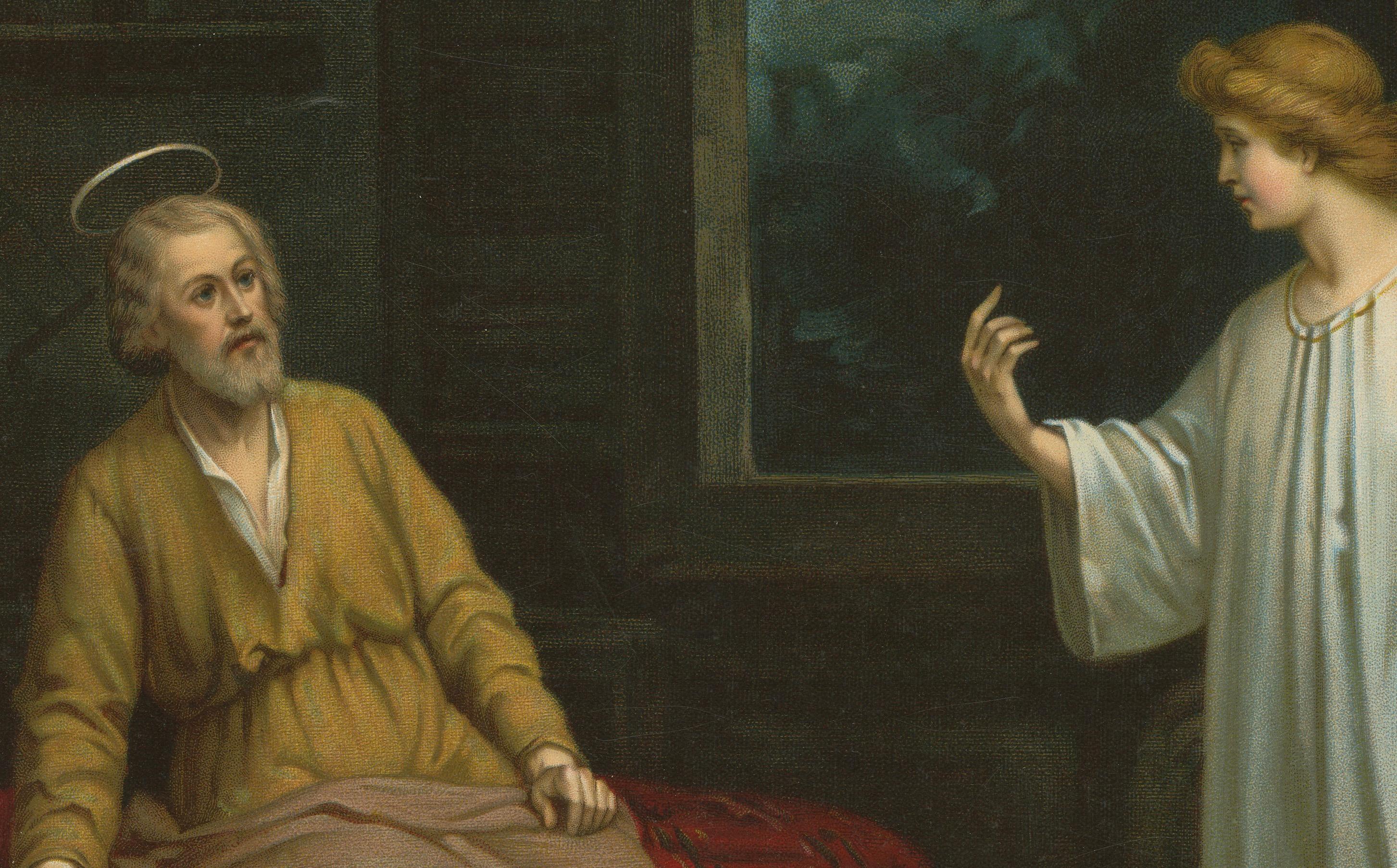 Der heilige Joseph, besucht von einem Engel, antike deutsche Chromolithographie um 1900 (Deutsch) im Angebot