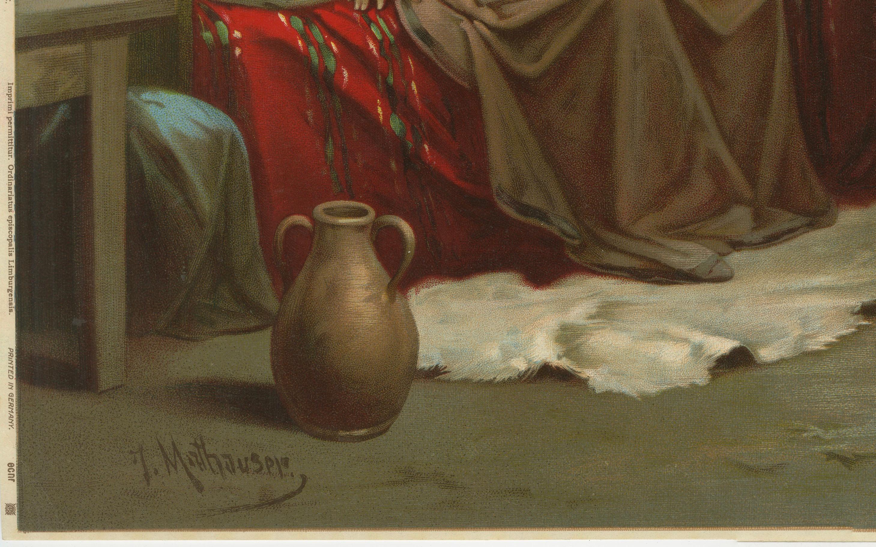 Der heilige Joseph, besucht von einem Engel, antike deutsche Chromolithographie um 1900 im Zustand „Gut“ im Angebot in Langweer, NL