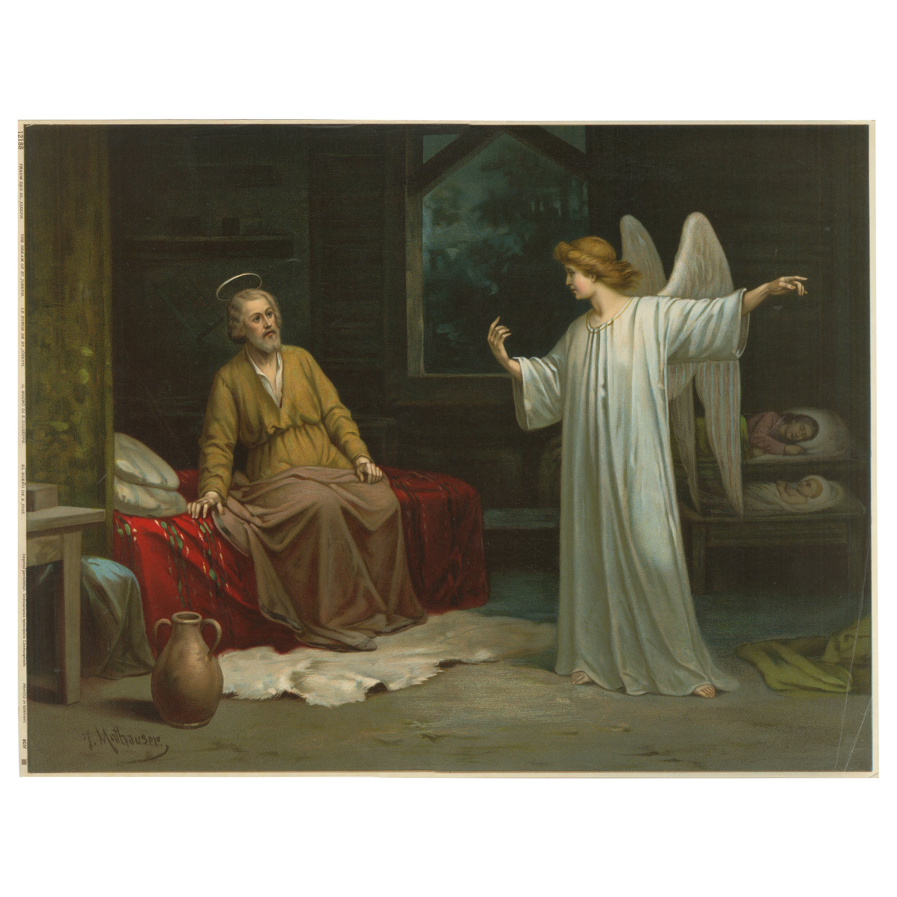 Der heilige Joseph, besucht von einem Engel, antike deutsche Chromolithographie um 1900