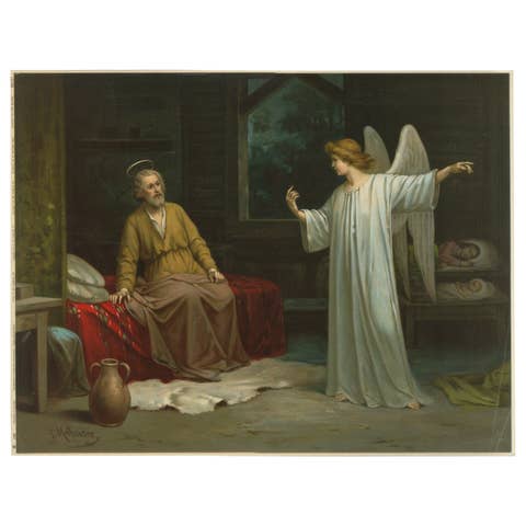 Saint Joseph Visited by an Angel, Antique German Chromolithograph c.1900