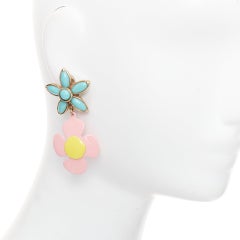 SAINT LAUERNT 2021 Runway turquoise stone pink daisy enamel clip earrings Pair