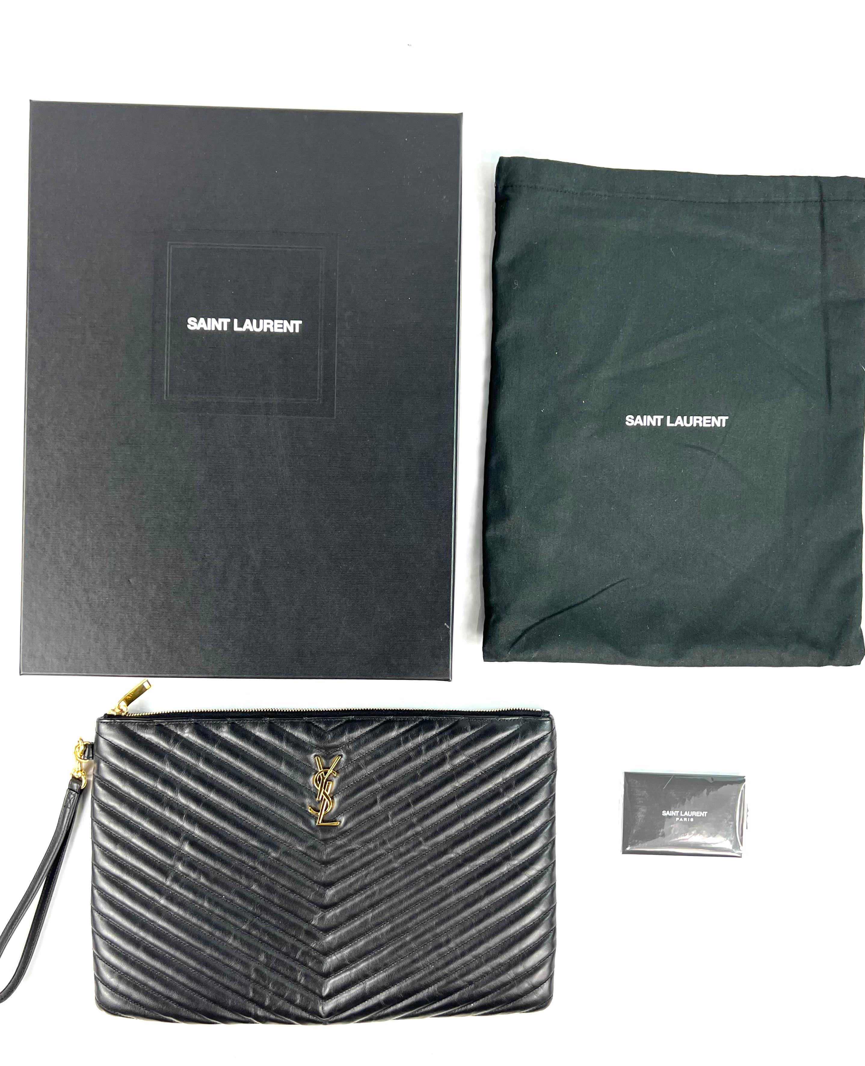 Saint Lauren Black Leather Monogram Tablet Pouch Clutch Bag  For Sale 3