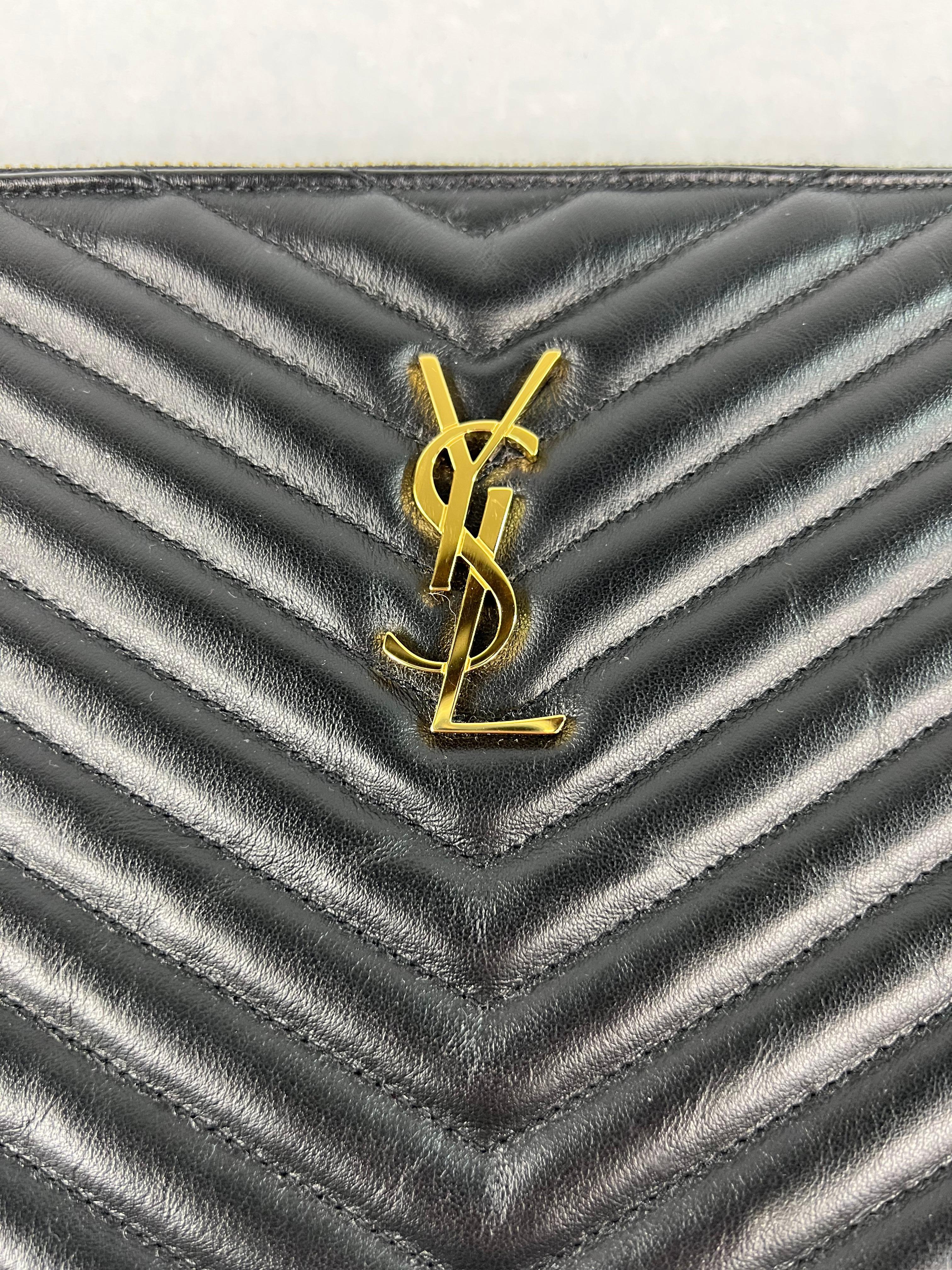 Saint Lauren Black Leather Monogram Tablet Pouch Clutch Bag  In New Condition For Sale In Beverly Hills, CA