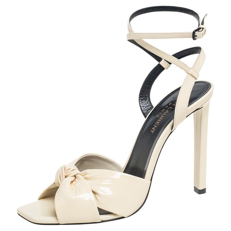 Saint Lauren Cream Patent Leather Amy Ankle Strap Sandals Size 38 For Sale  at 1stDibs