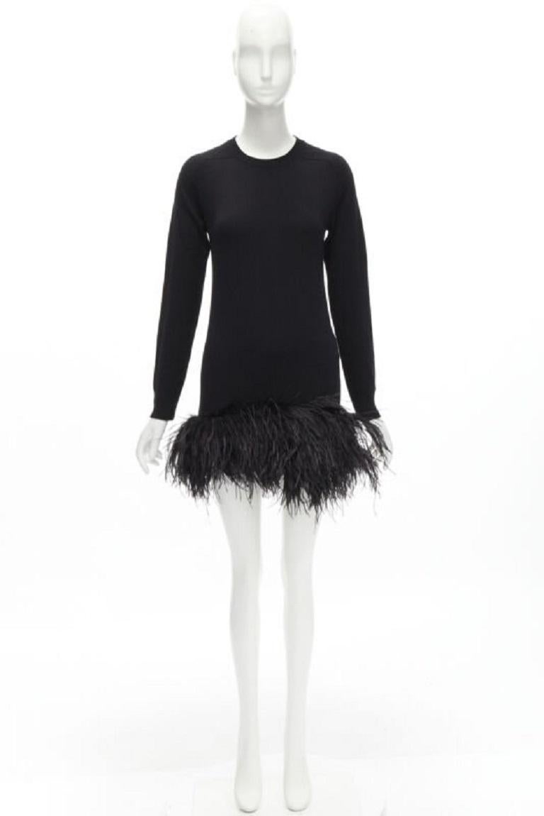 SAINT LAURENT 100% cachemira negro ribete de plumas de avestruz mini vestido jersey XS en venta 6
