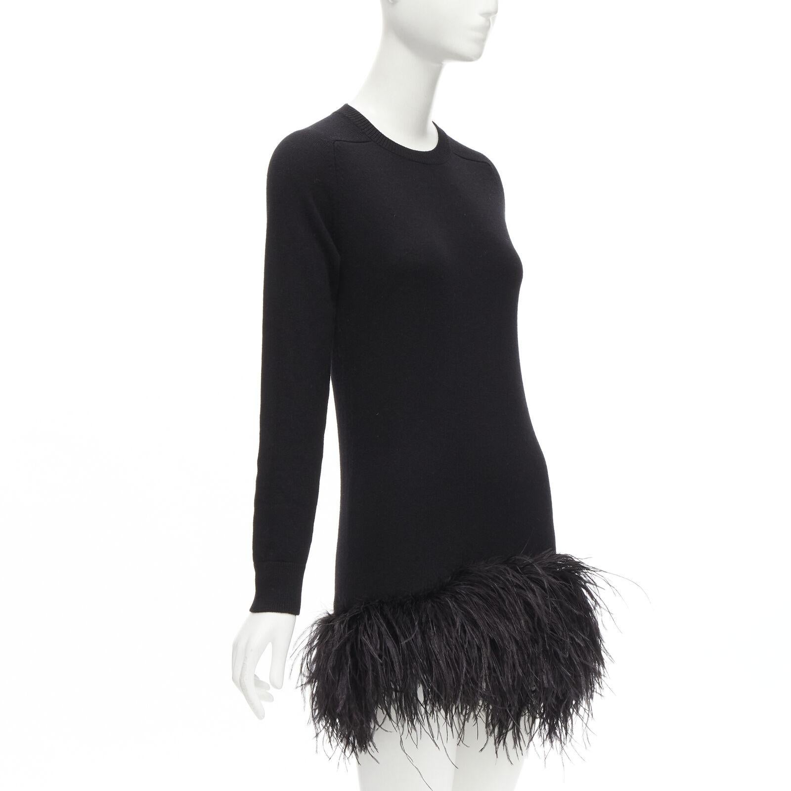 Black SAINT LAURENT 100% cashmere black ostrich feather trim mini sweater dress XS For Sale