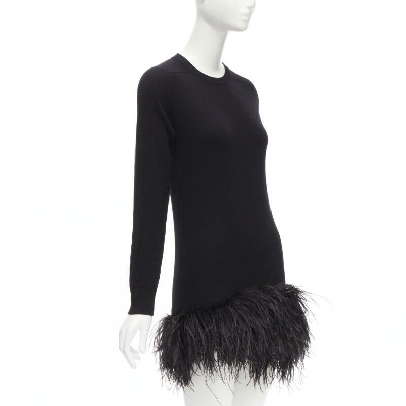 SAINT LAURENT 100% cachemira negro ribete de plumas de avestruz mini vestido jersey XS Negro en venta