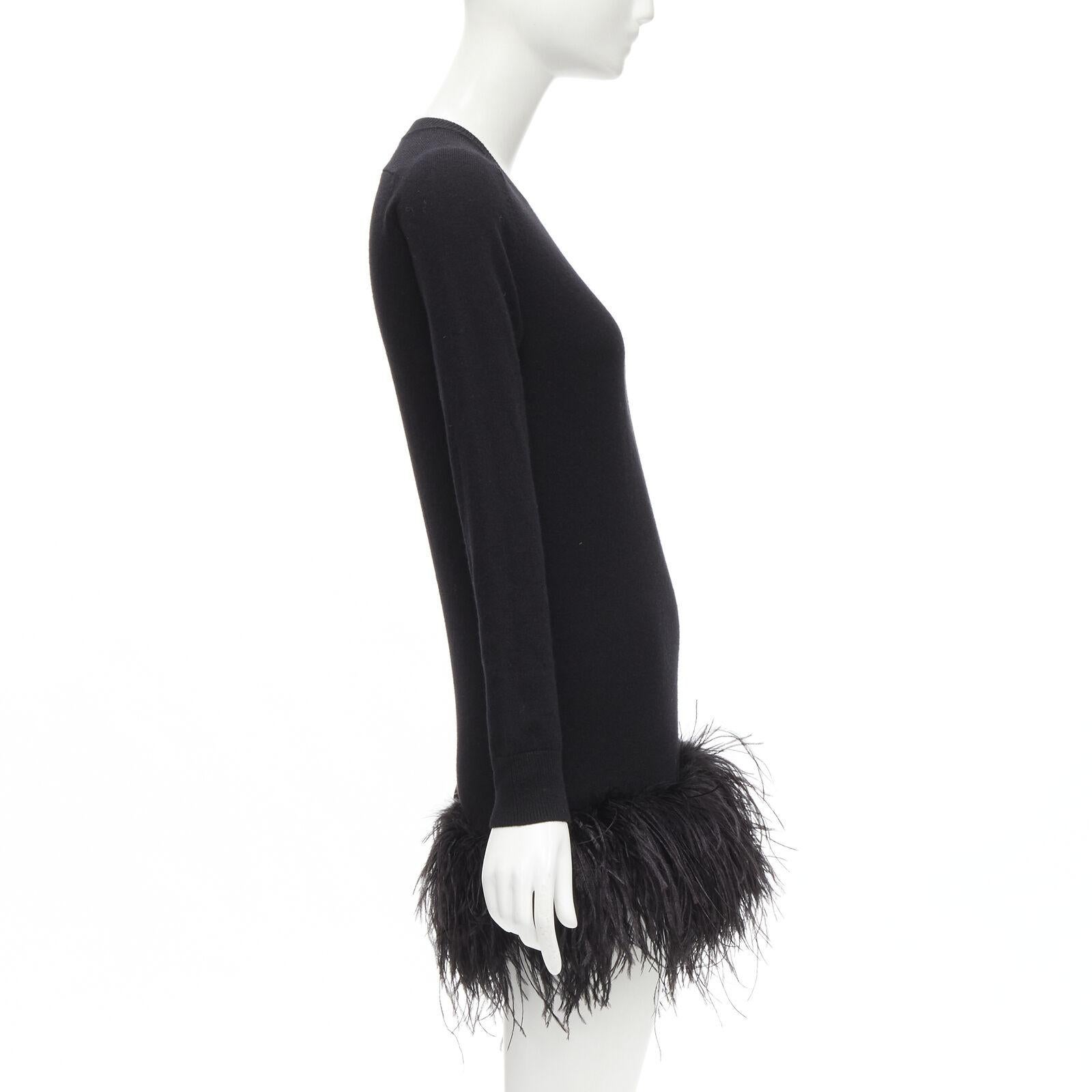 Women's SAINT LAURENT 100% cashmere black ostrich feather trim mini sweater dress XS For Sale