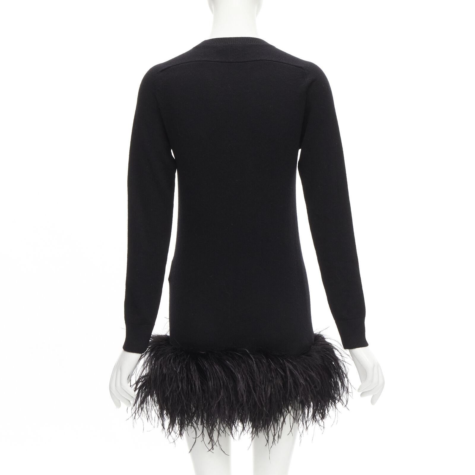 SAINT LAURENT 100% cashmere black ostrich feather trim mini sweater dress XS For Sale 1