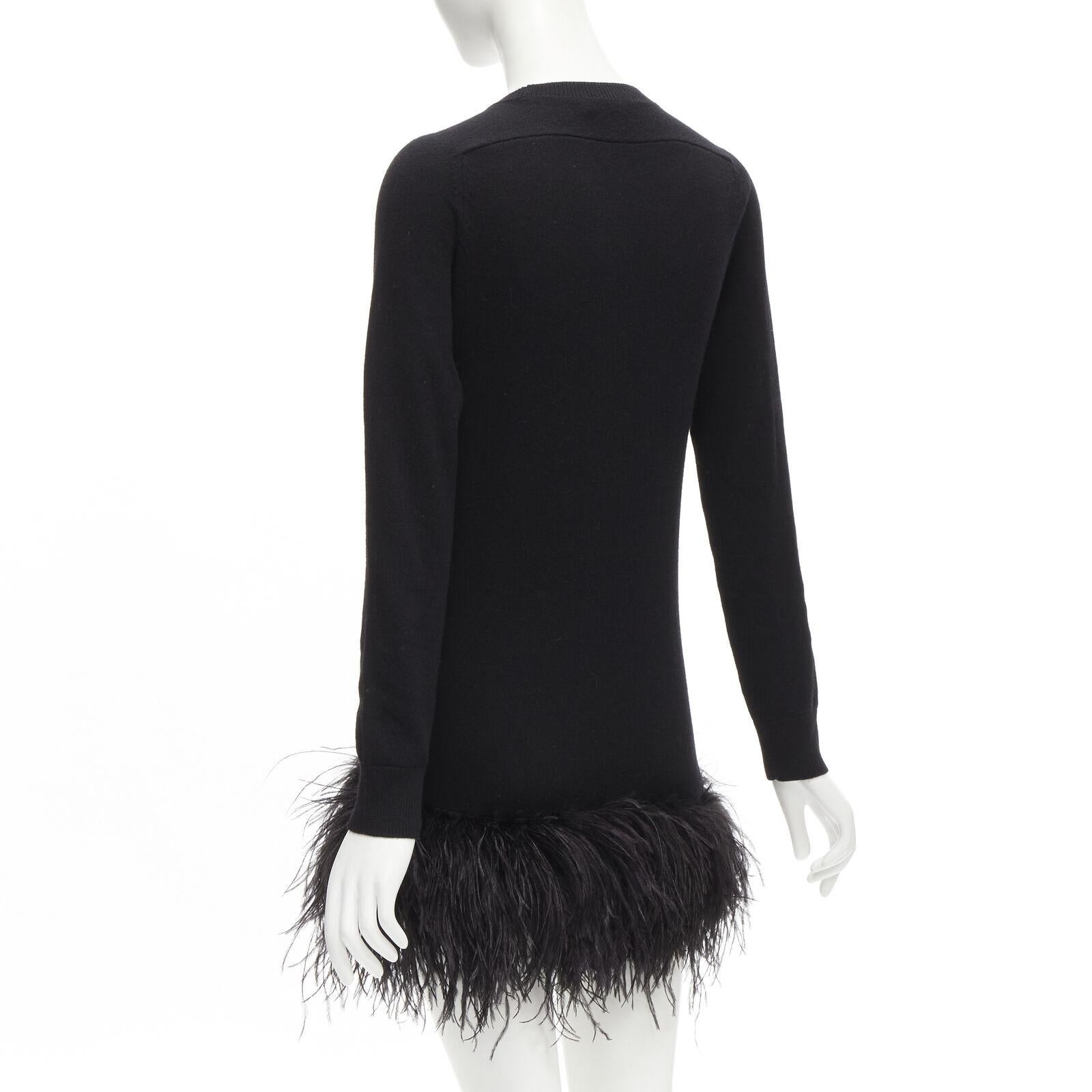 SAINT LAURENT 100% cashmere black ostrich feather trim mini sweater dress XS For Sale 2