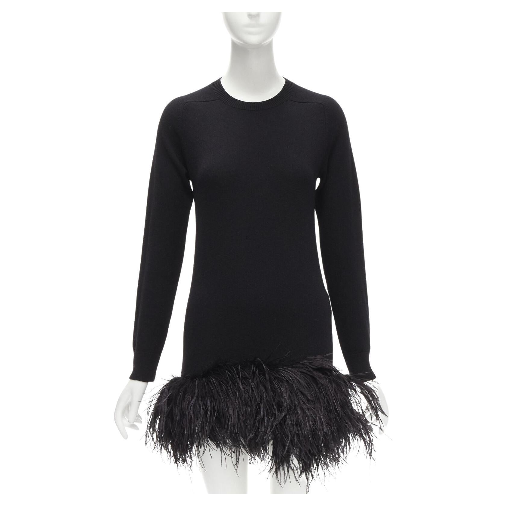 SAINT LAURENT 100% cashmere black ostrich feather trim mini sweater dress XS For Sale