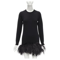 SAINT LAURENT 100% cashmere black ostrich feather trim mini sweater dress XS