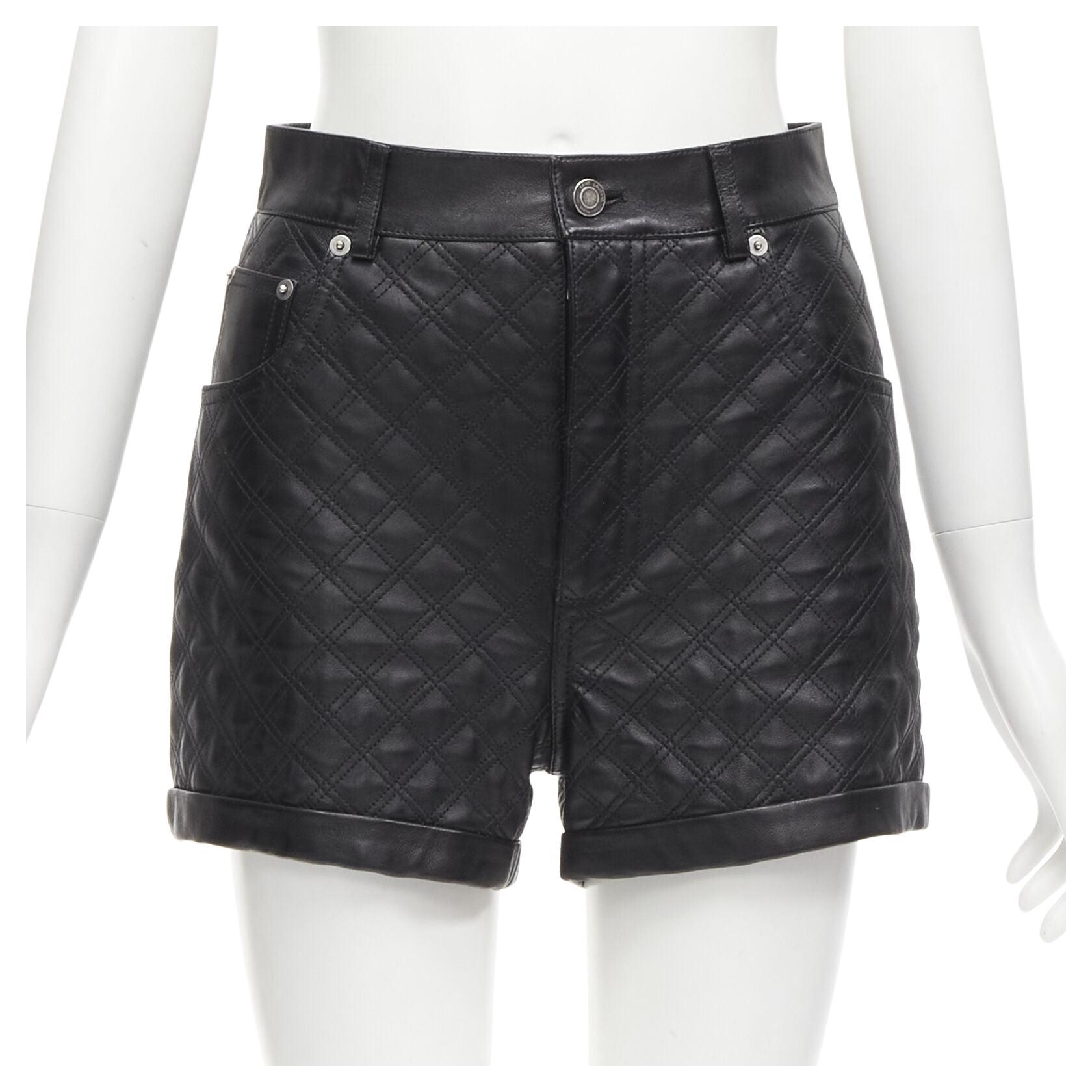 SAINT LAURENT 100% lambskin leather black quilted high waisted shorts FR36 S For Sale