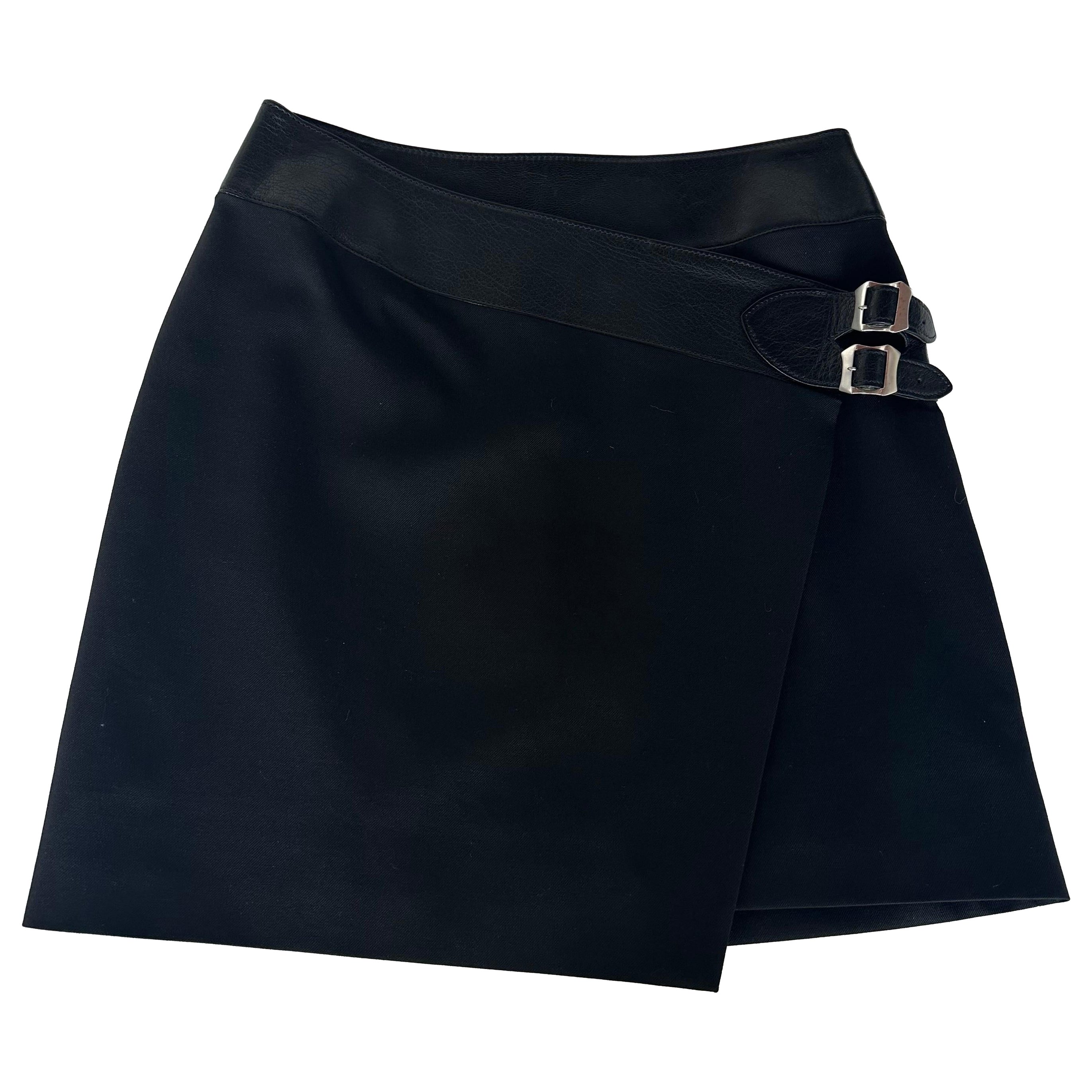 Saint Laurent '15 Black Wool Asymmetric Buckle Wrap Skirt FR 36 Hedi Slimane