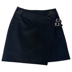 Saint Laurent '15 Black Wool Asymmetric Buckle Wrap Skirt FR 36 Hedi Slimane