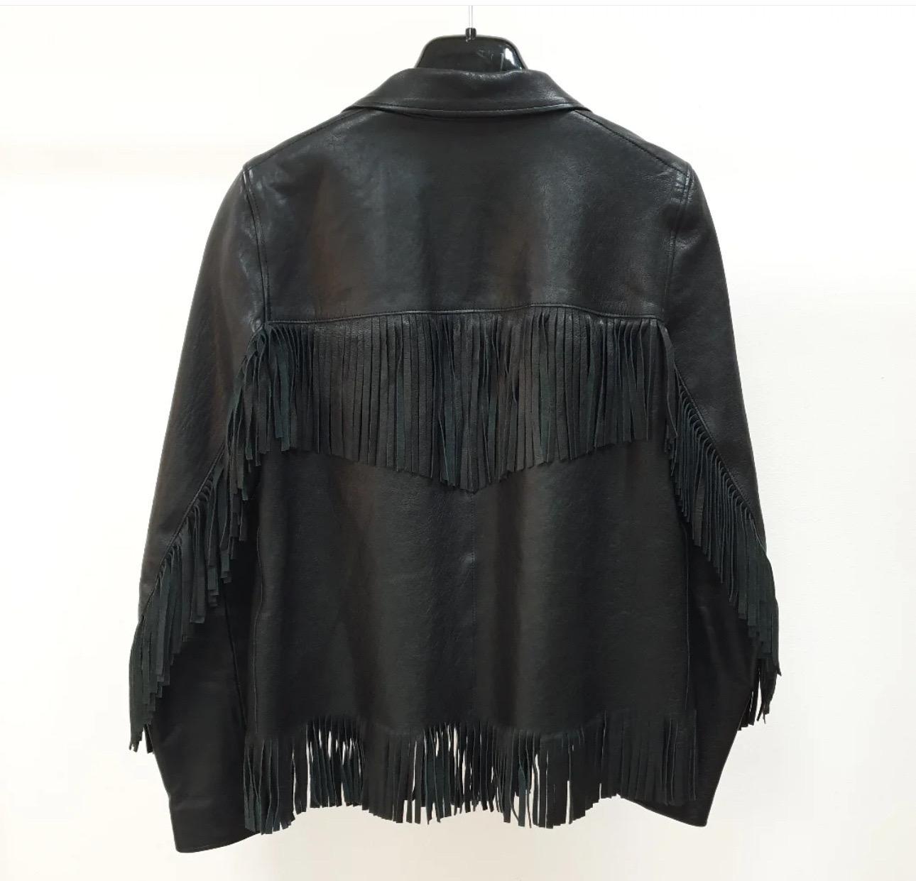 Noir Saint Laurent 15FW Veste en cuir à franges Taille 40 en vente