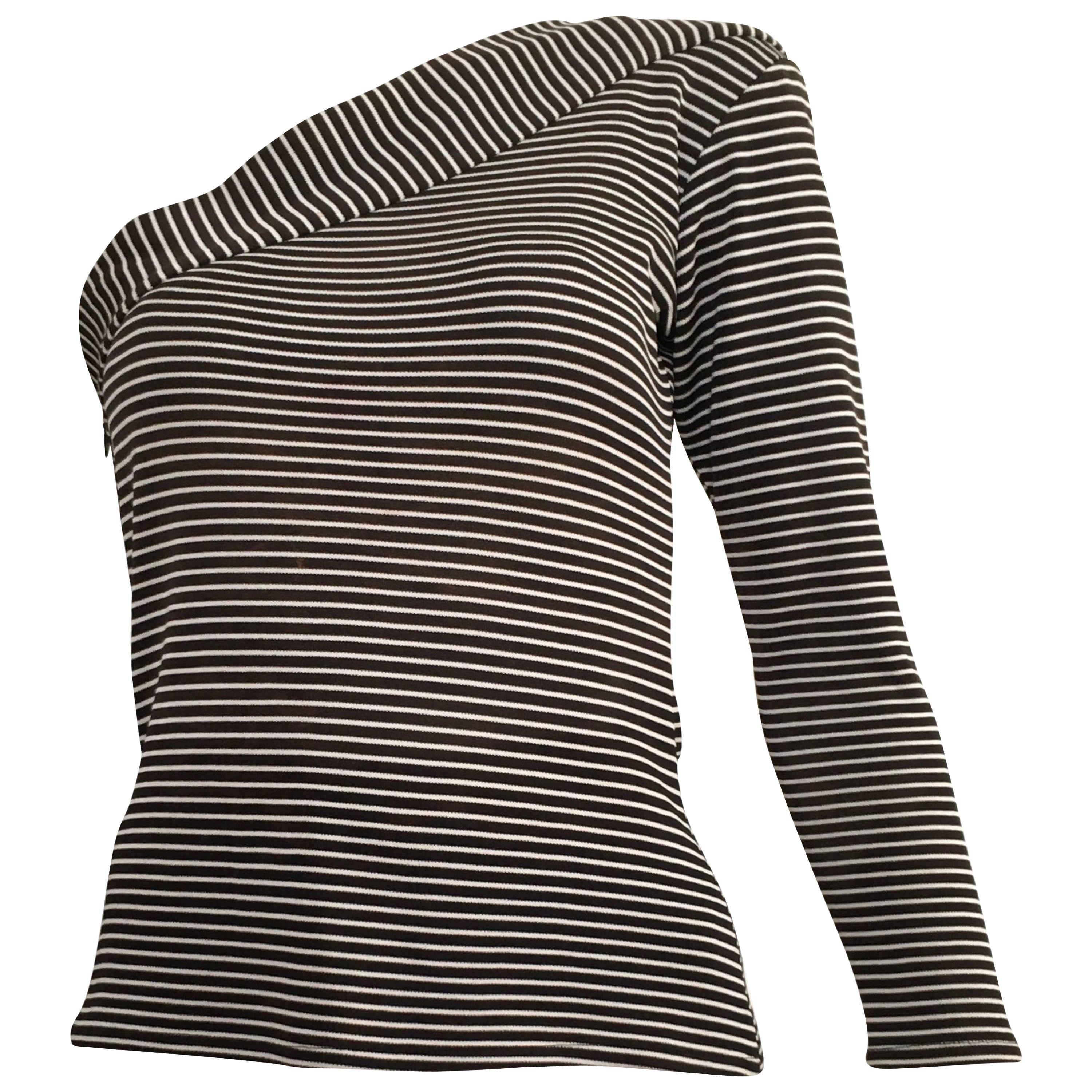 Saint Laurent 1980s Black & White Striped Knit One Shoulder Top Size 4.  For Sale