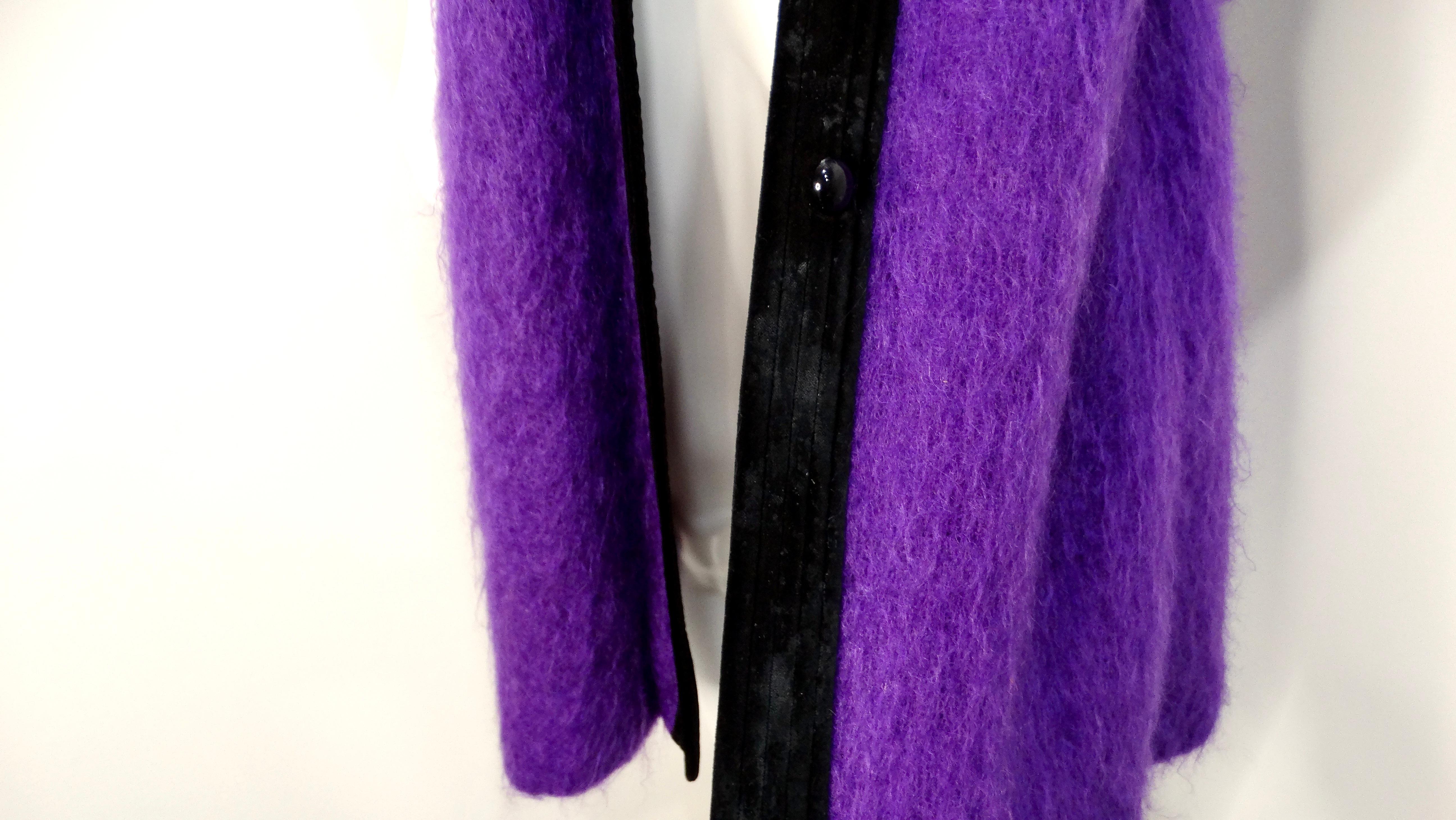Saint Laurent 1980s Glamour Purple Puff Sleeve Coat With Black Collar For Sale 6