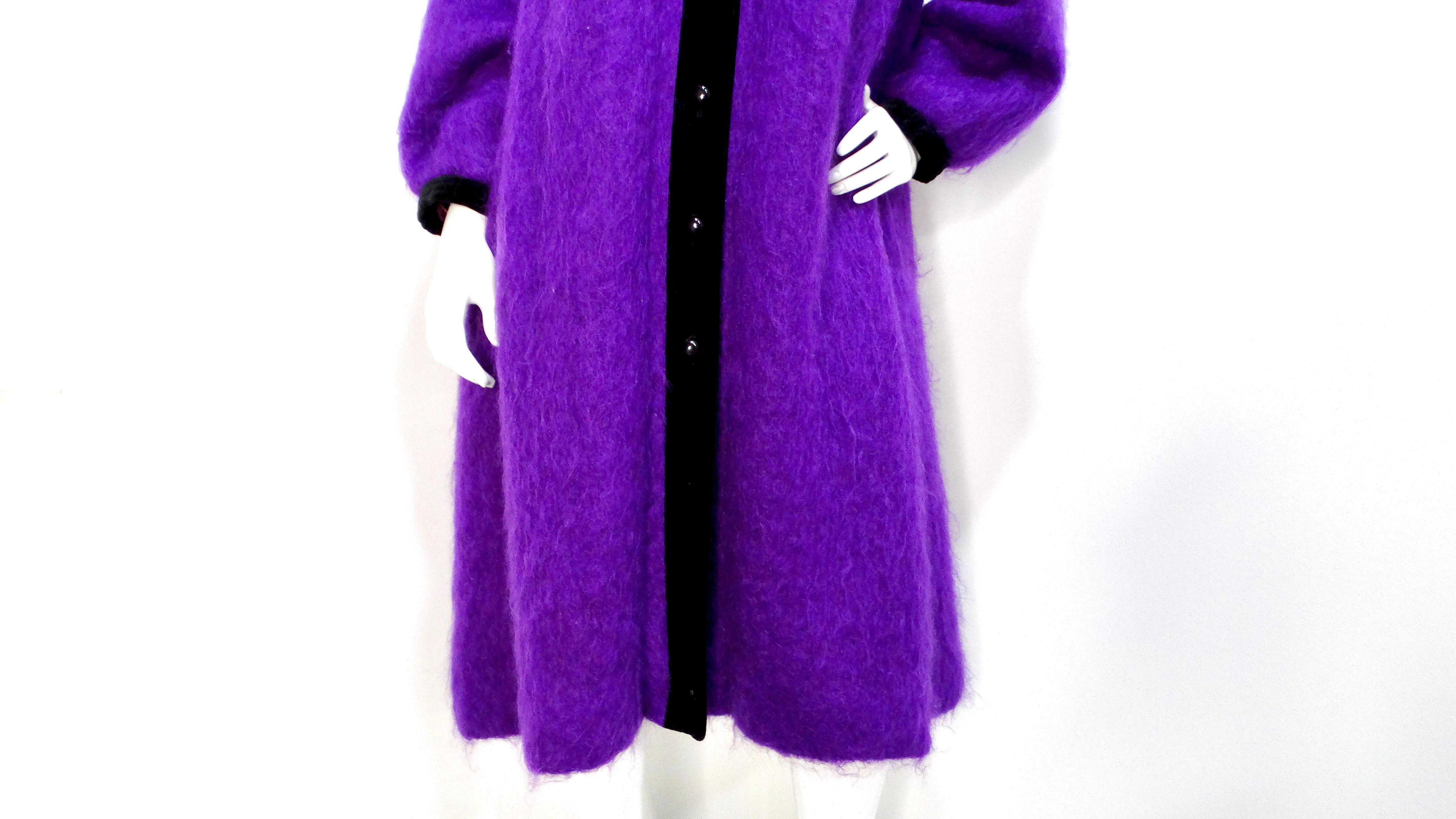 Saint Laurent 1980s Glamour Purple Puff Sleeve Coat With Black Collar In Fair Condition For Sale In Scottsdale, AZ