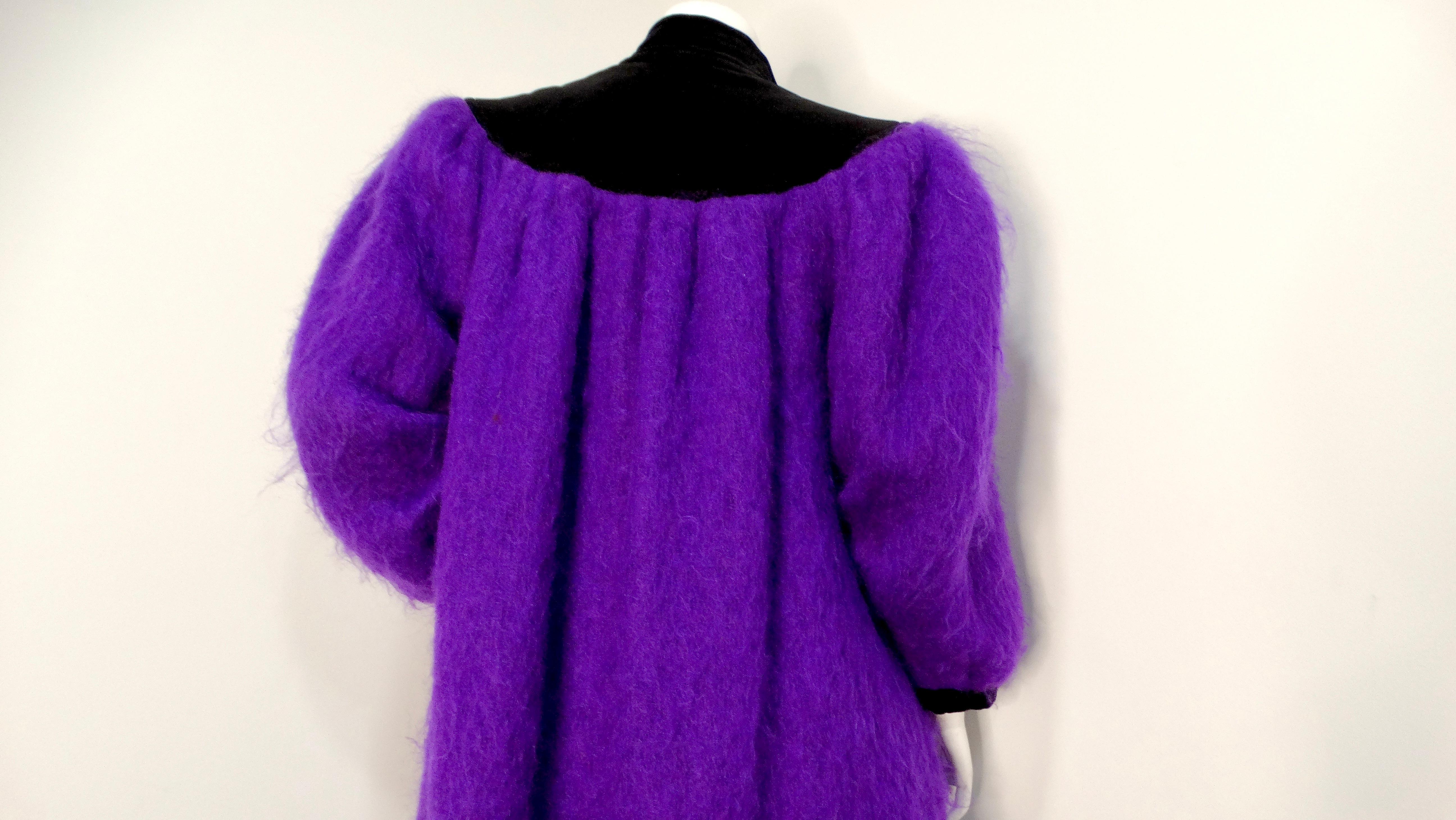 Saint Laurent 1980s Glamour Purple Puff Sleeve Coat With Black Collar For Sale 3