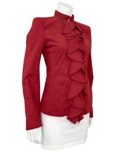 Saint Laurent 2003 Tom Ford Red Suede Ruffle Front Jacket