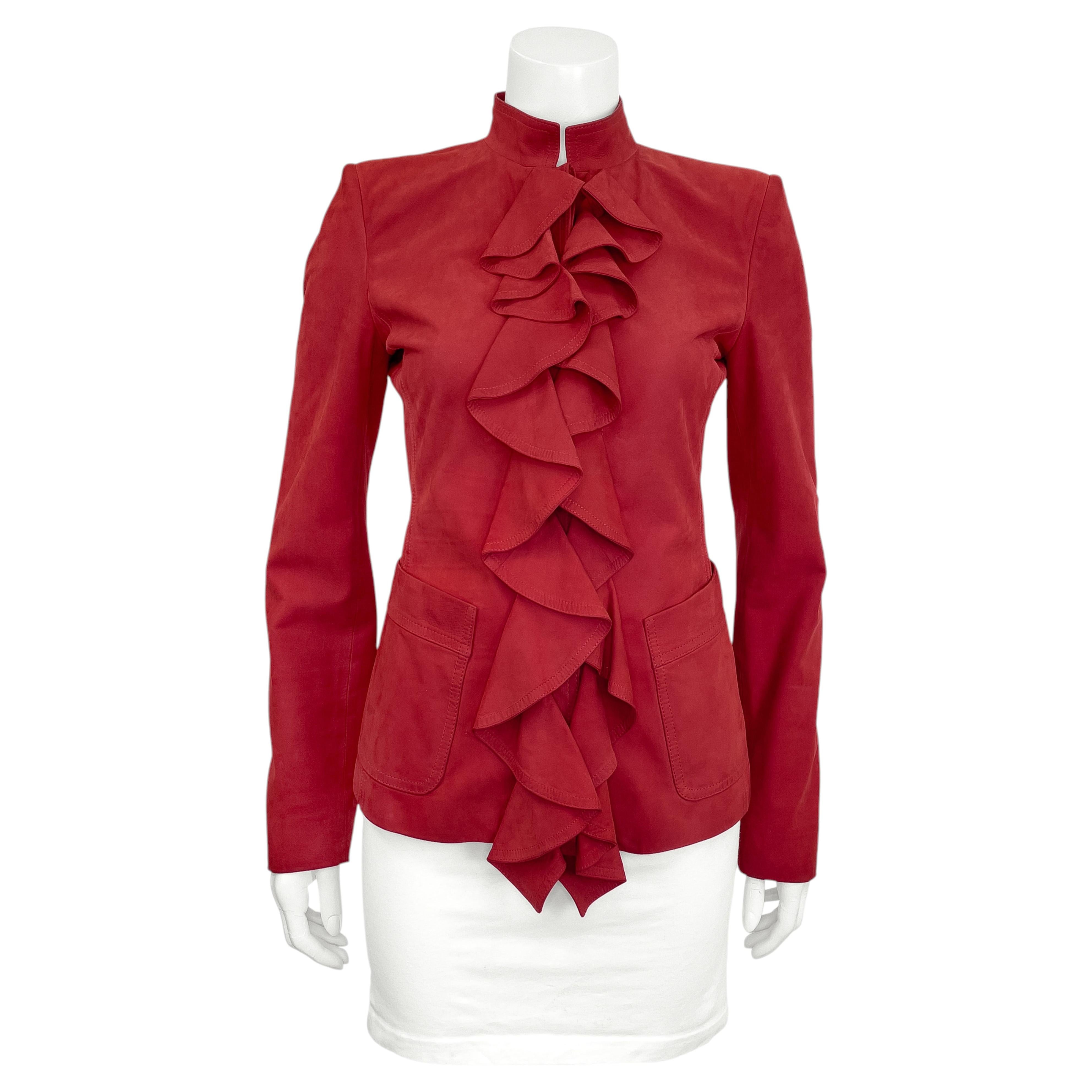 Saint Laurent 2003 Tom Ford Red Suede Ruffle Front Jacket