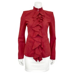Saint Laurent 2003 Tom Ford Red Suede Ruffle Front Jacket