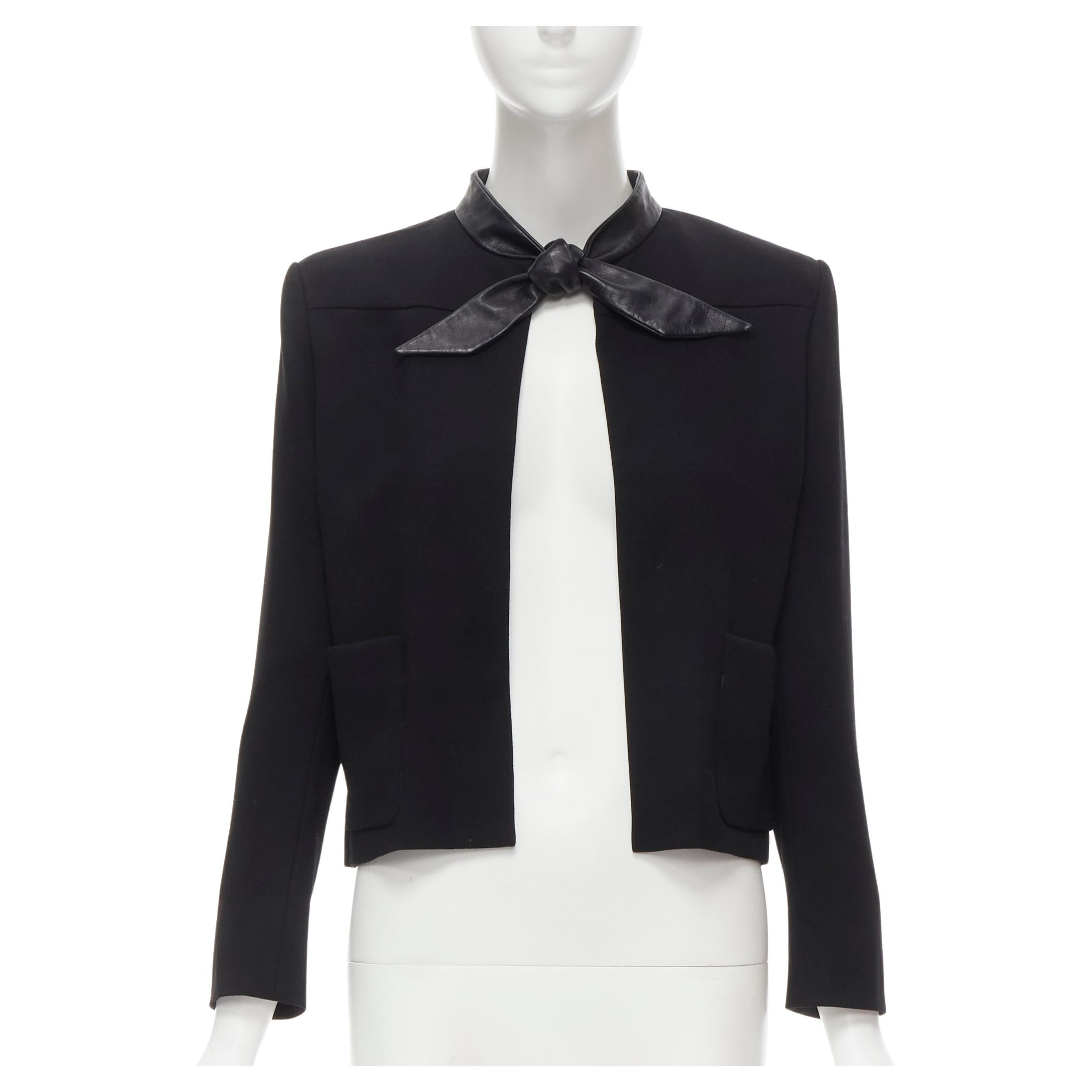 SAINT LAURENT 2012 Hedi Slimane black leather tie collar wool crepe blazer boler For Sale