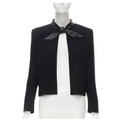 SAINT LAURENT 2012 Hedi Slimane black leather tie collar wool crepe blazer boler