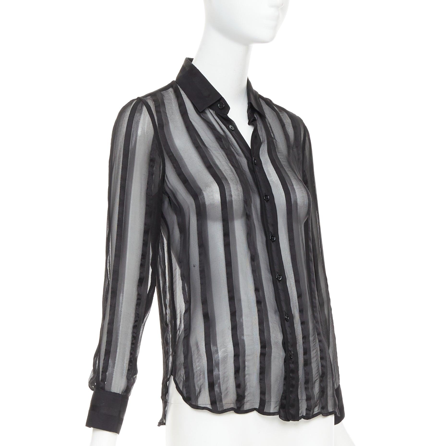 Nero Saint Laurent 2013 camicia nera 100% seta a righe verticali con colletto trasparente FR36 S in vendita