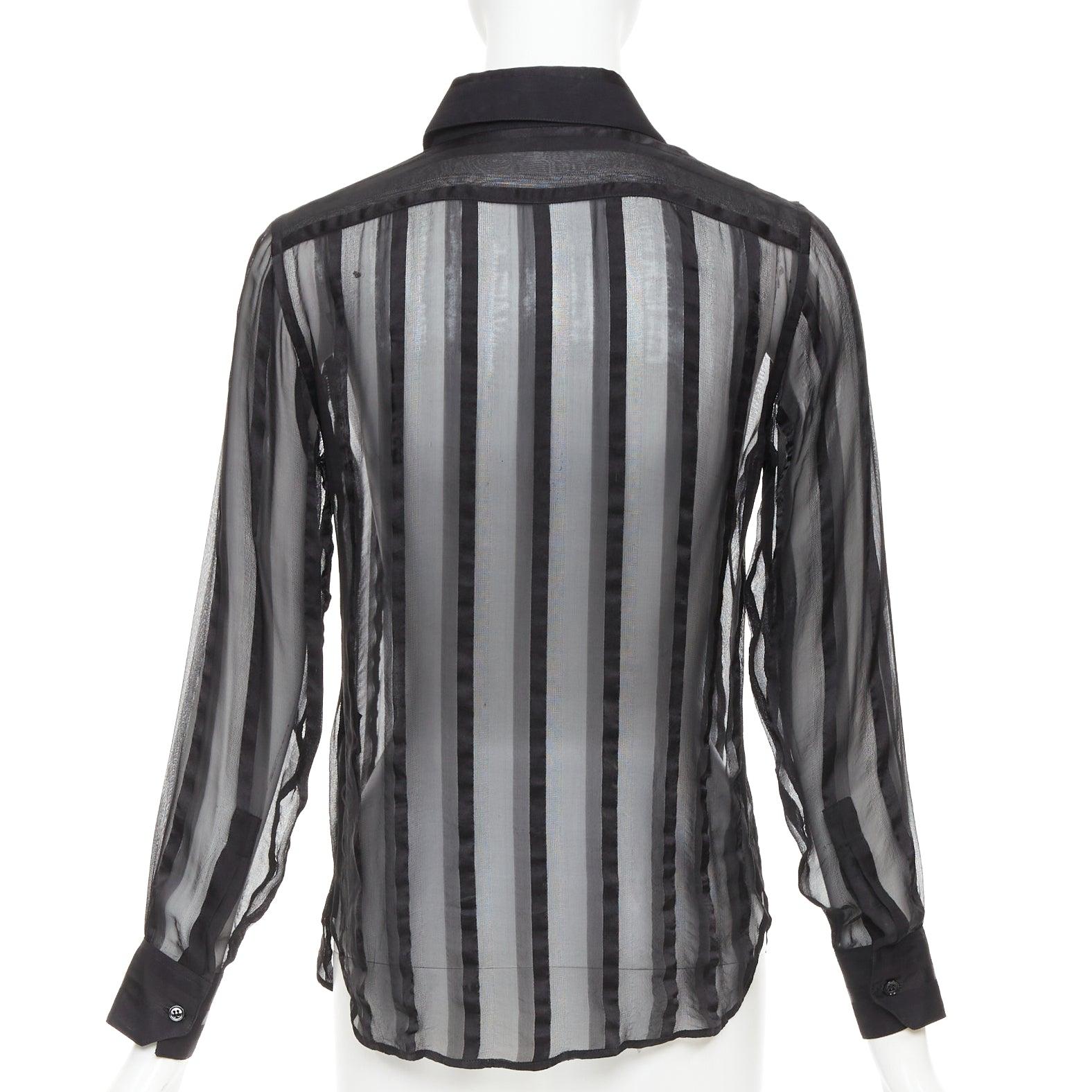Donna Saint Laurent 2013 camicia nera 100% seta a righe verticali con colletto trasparente FR36 S in vendita