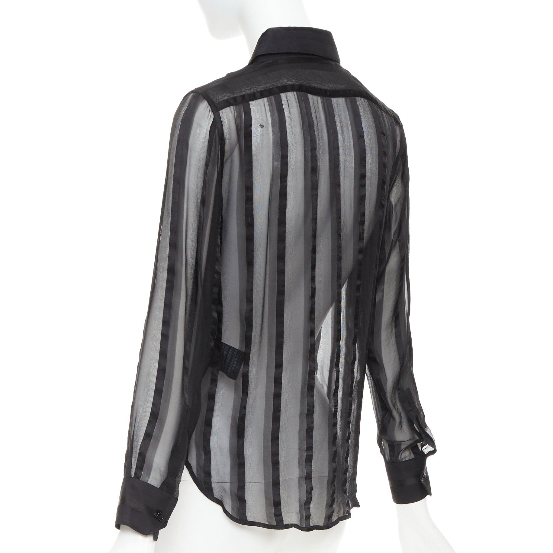Saint Laurent 2013 camicia nera 100% seta a righe verticali con colletto trasparente FR36 S in vendita 1