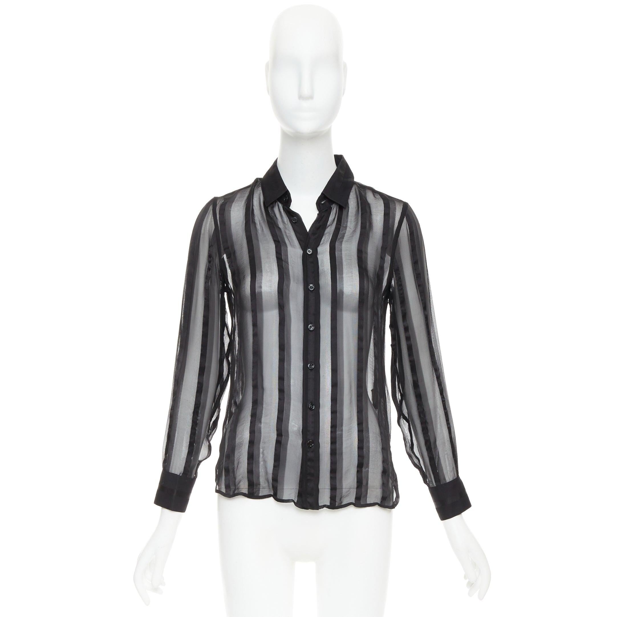 Saint Laurent 2013 camicia nera 100% seta a righe verticali con colletto trasparente FR36 S in vendita 4