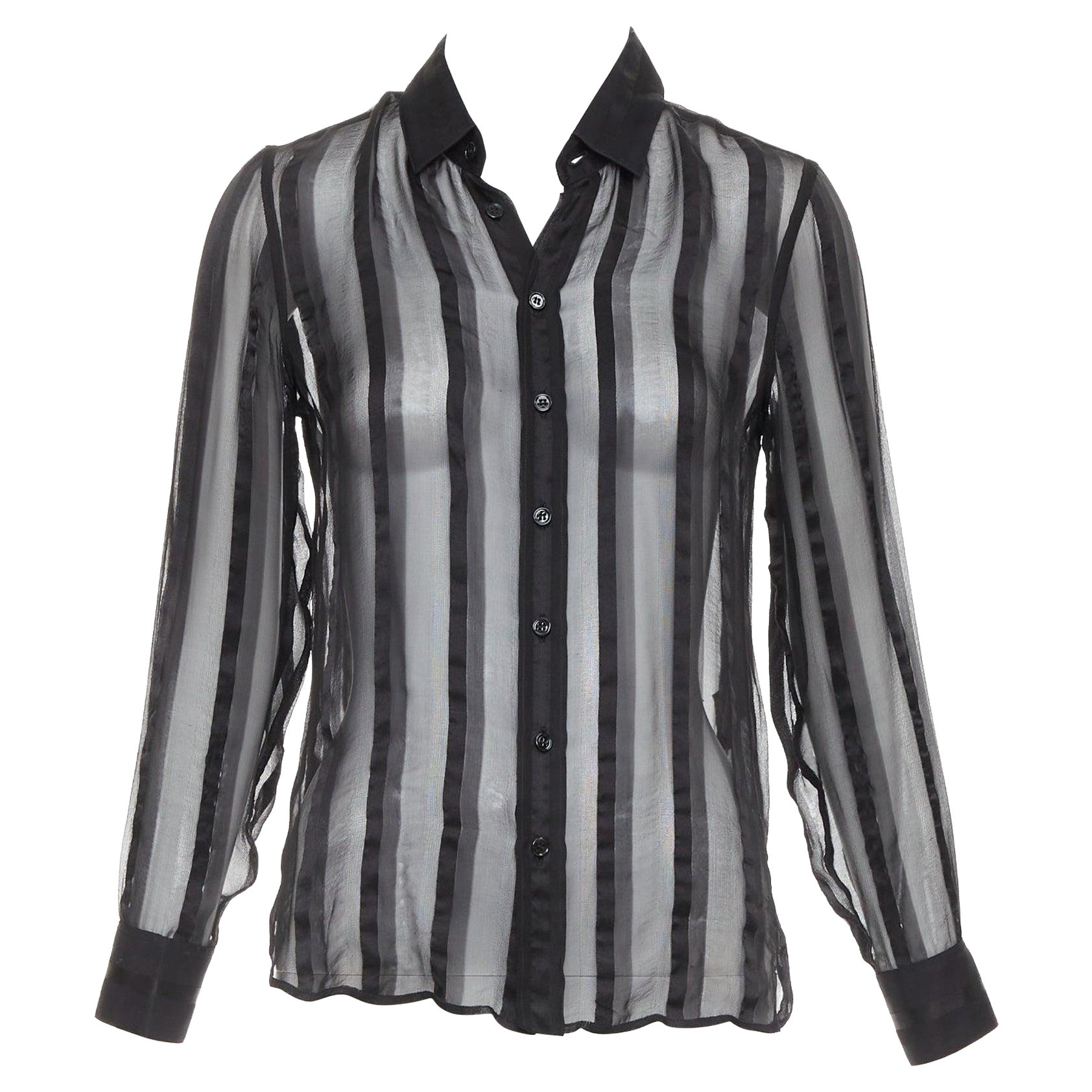 Saint Laurent 2013 camicia nera 100% seta a righe verticali con colletto trasparente FR36 S in vendita